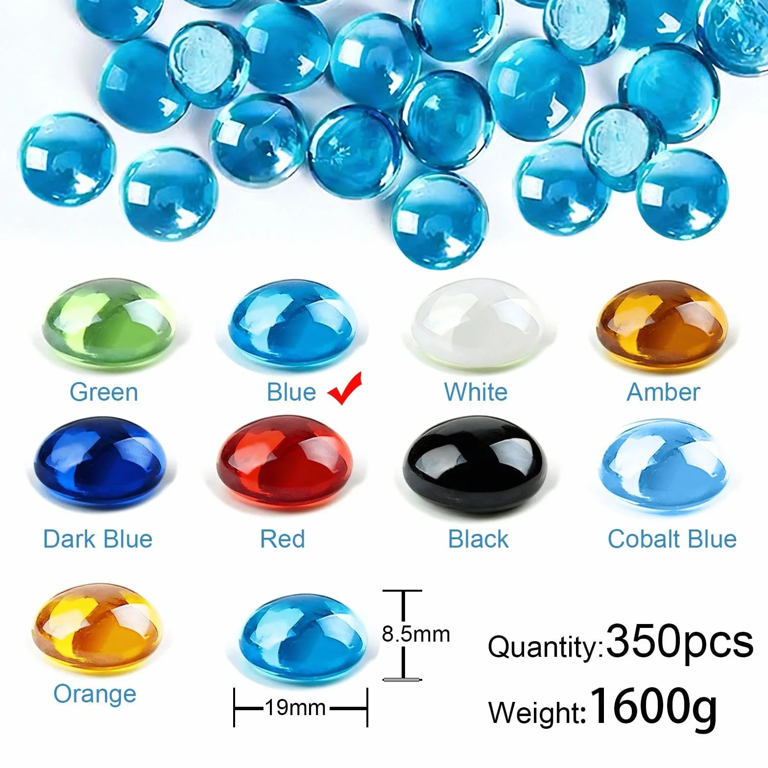 Billes Plates 1600 g Galets de Verre Bleu 17-19 mm Perles de Verre Décoratives pour Vases Aquariums Pots de Fleurs 350 pcs