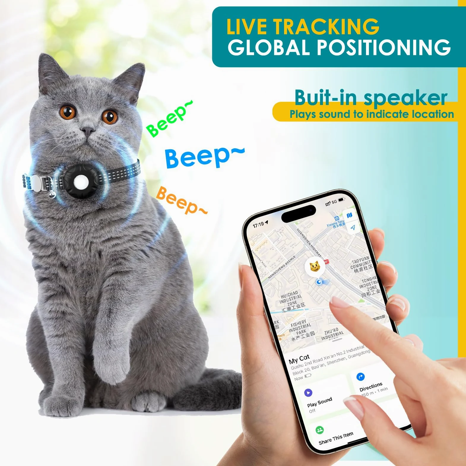 Traqueur GPS pour chat, sans frais mensuels, compatible avec Apple Find My App (uniquement iOS), collier de suivi étanche pour chat avec cloche et boucle élastique de sécurité, emplacement en temps