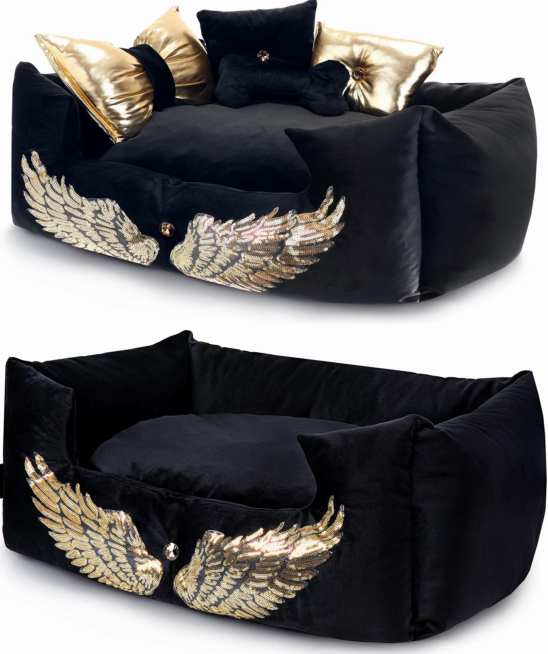 NELKE Lit pour chien, style glamour, canapé pour chien, noir avec ailes dorées, canapé de luxe pour chiens de petite et moyenne taille, coussin lavable
