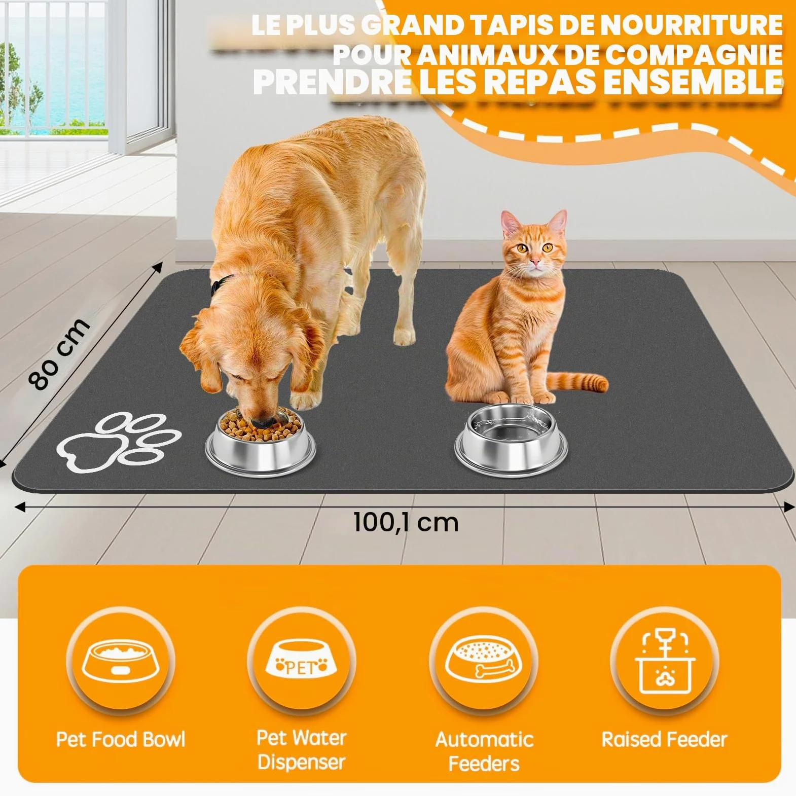 Tapis de nourriture pour chien, 100,1 x 80 cm, le plus grand tapis absorbant pour la nourriture et l'eau, tapis antidérapant pour gamelle pour chat, pas de taches, séchage rapide pour distributeur