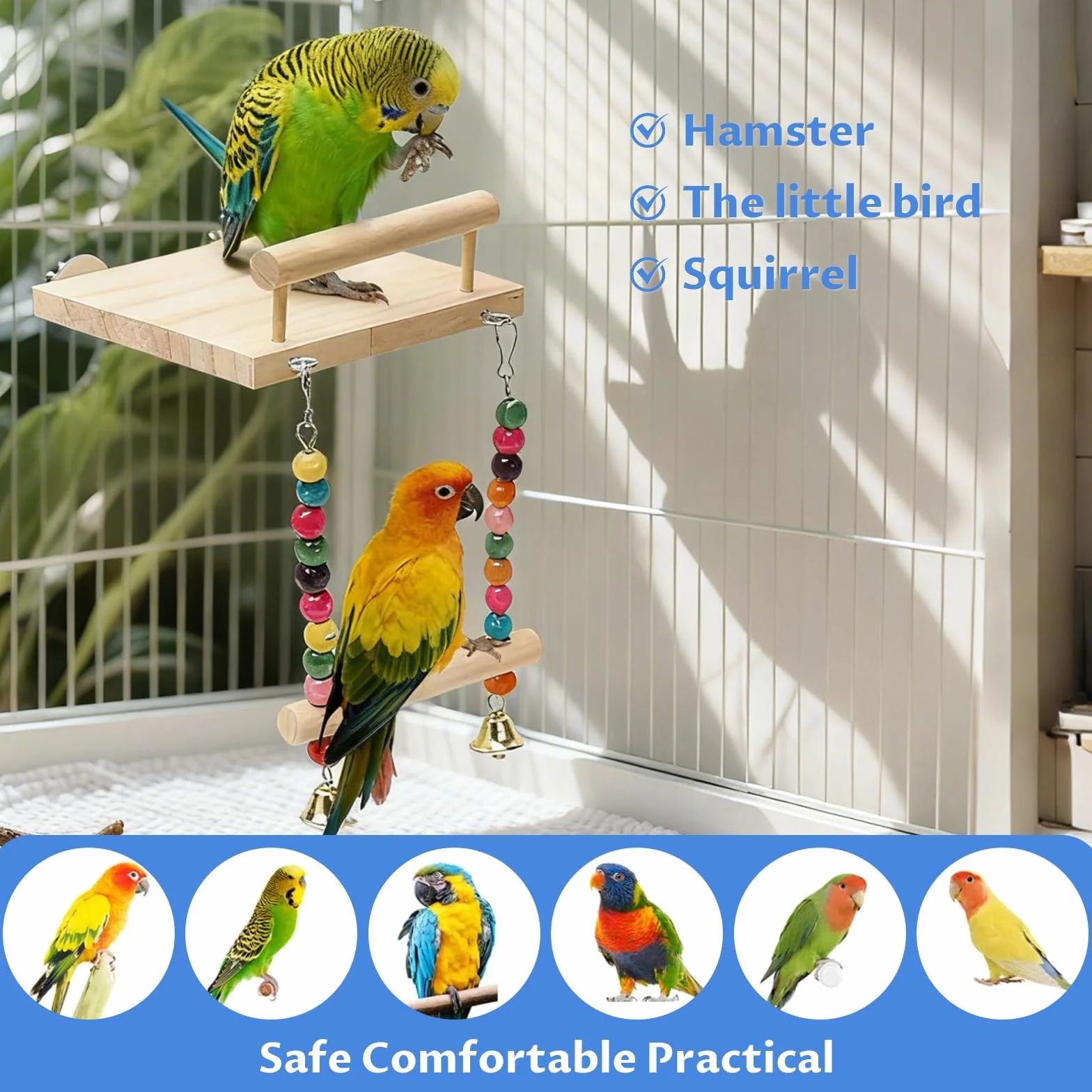 Perchoir Perroquet en Bois ZhouWei, Jouet Oiseaux avec Balançoire pour Cage, Accessoire Calopsittes Inséparables Canaris