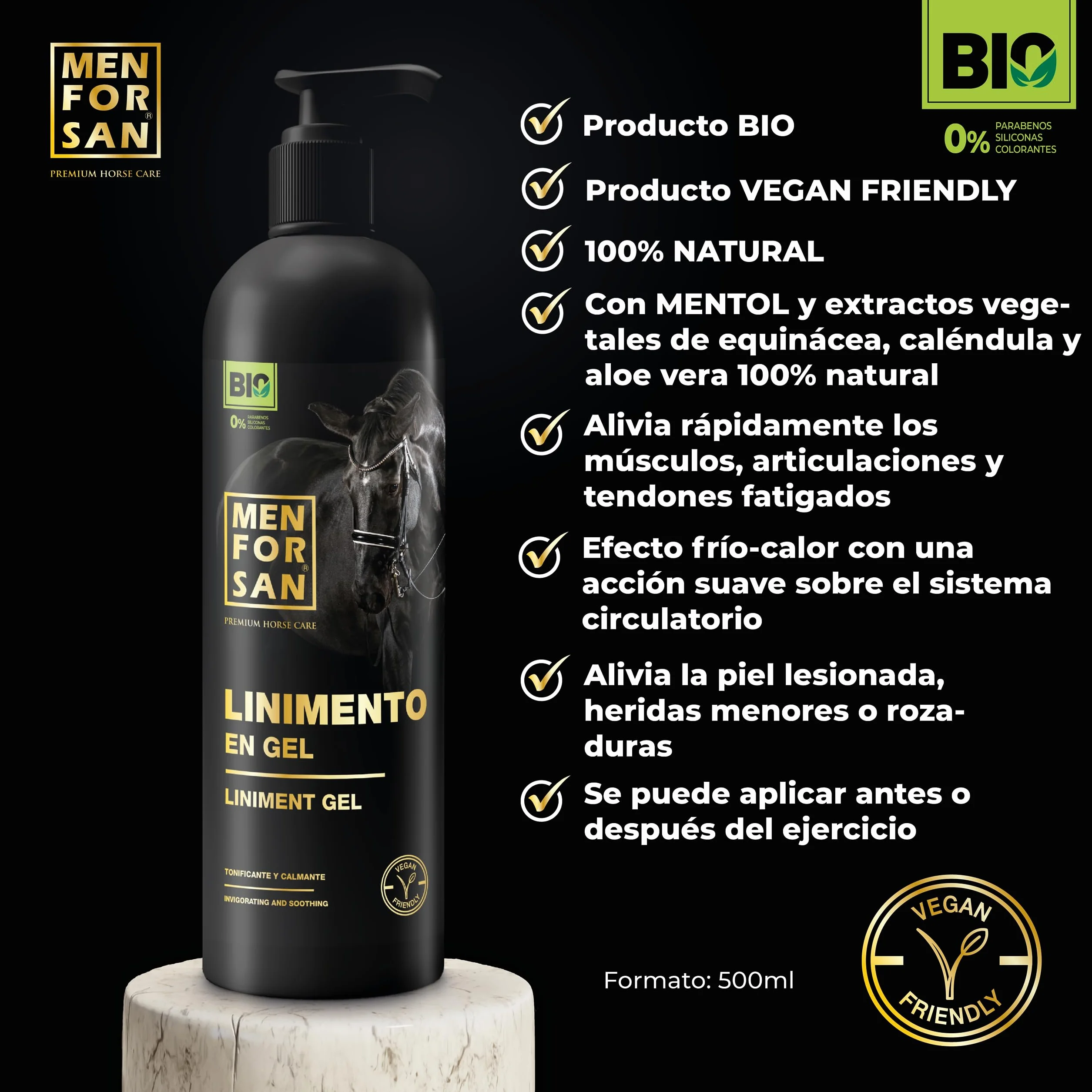 MENFORSAN Gel Liniment pour Chevaux 500ml Apaise Muscles Vegan Natural Premium Horse Care