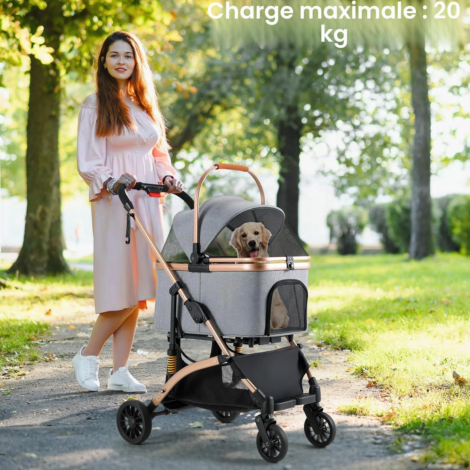 MAMIZO Poussette Chien 3-en-1 Pliable, Panier de Rangement, Fenêtre en Filet, pour Petits Chiens et Chats, jusqu'à 20 kg, Roues 360° Résistantes, Gris Foncé