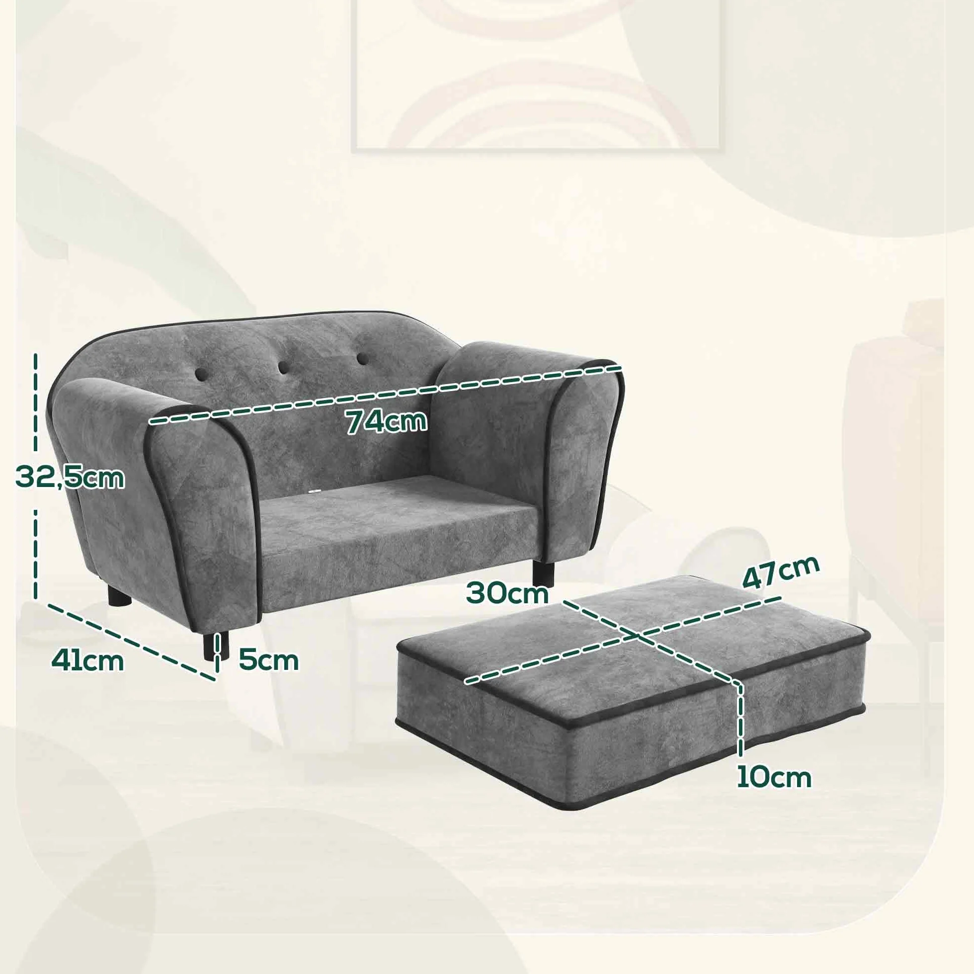 PawHut Canapé pour Chien Chat Dossier capitonné Velours Housse Lavable 74 x 41 x 32,5 cm Gris