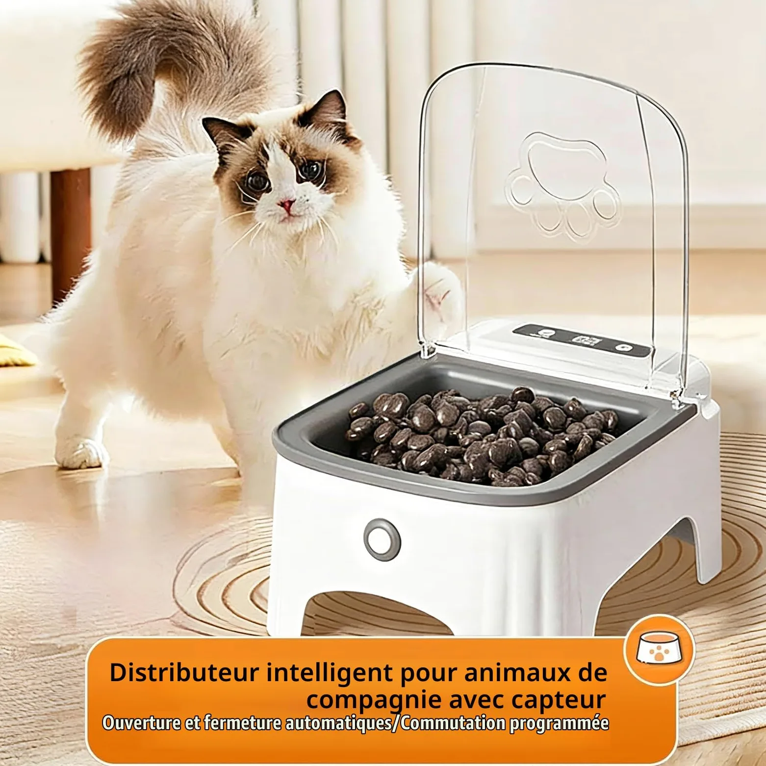 Mangeoire Automatique pour Chat – Capteur Intelligent, Bol de Nourriture Rabattable, Amovible Distributeur De Nourriture pour Animaux De Compagnie avec Affichage LCD, Acier Inoxydable, Noir