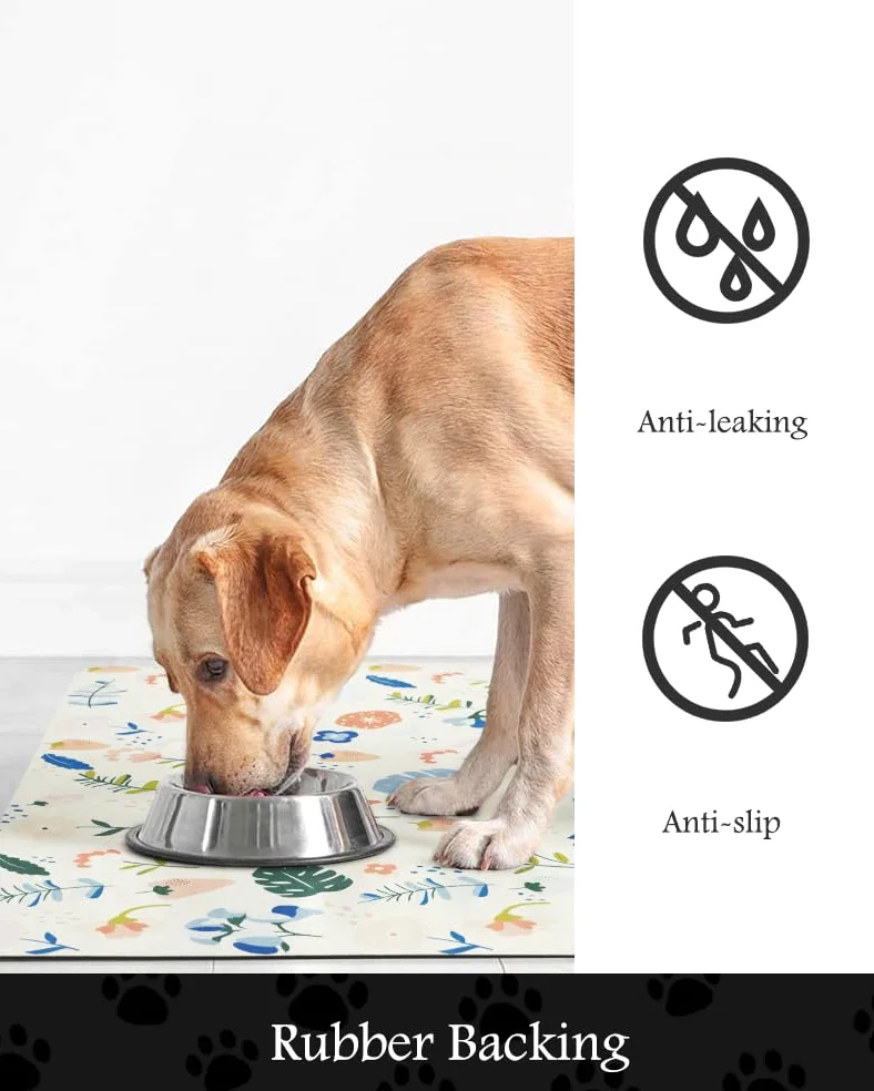 Tapis d'alimentation absorbant pour animal de compagnie pour gamelle de nourriture et d'eau, ne tache pas, séchage rapide, accessoires pour animaux de compagnie, bol pour buveurs désordonnés (fleurs