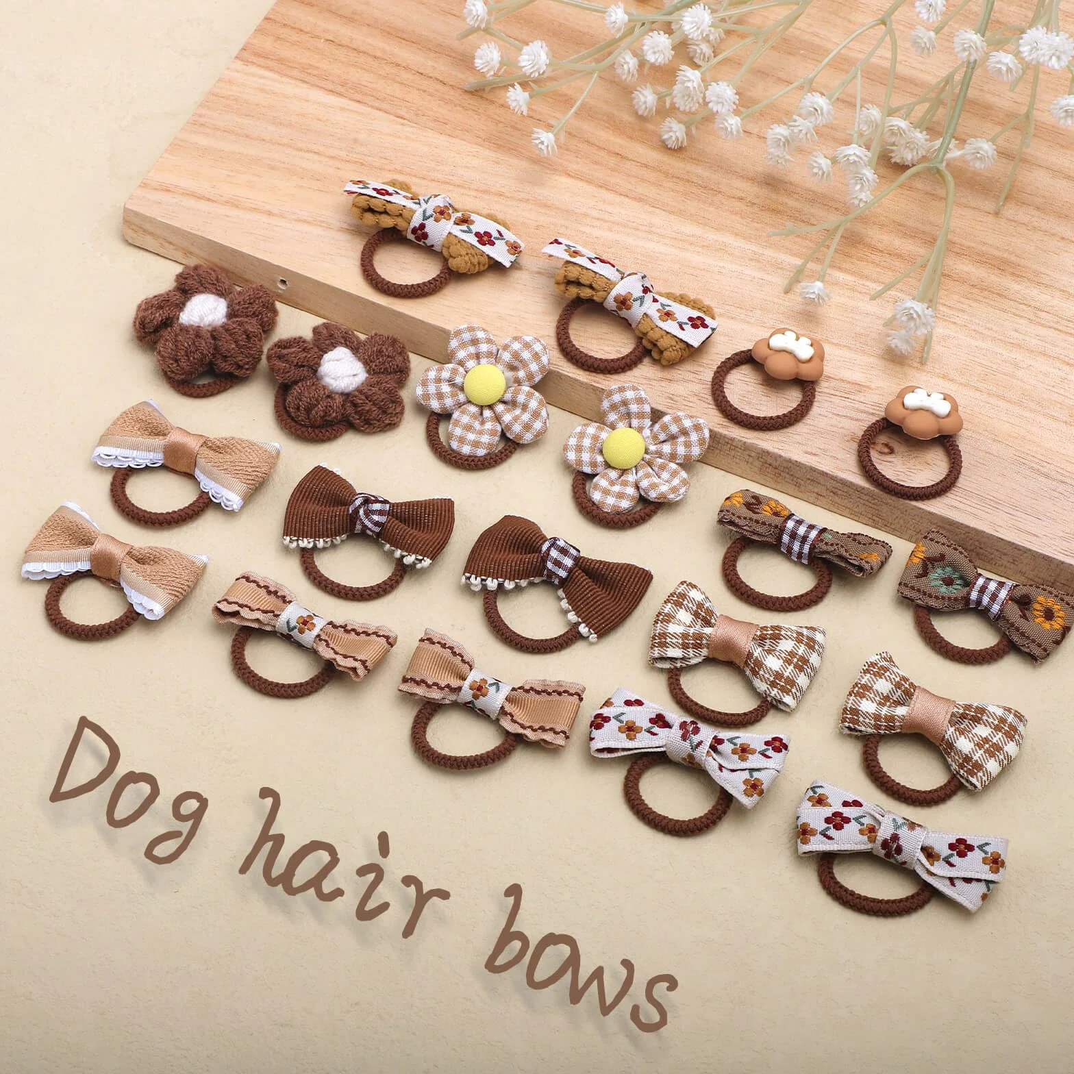 BOXOB 20pcs Nœuds pour Poils de Chien, Marron pour Chien de Petite Taille Nœuds Mignons pour Chiots à Fleurs Élastiques