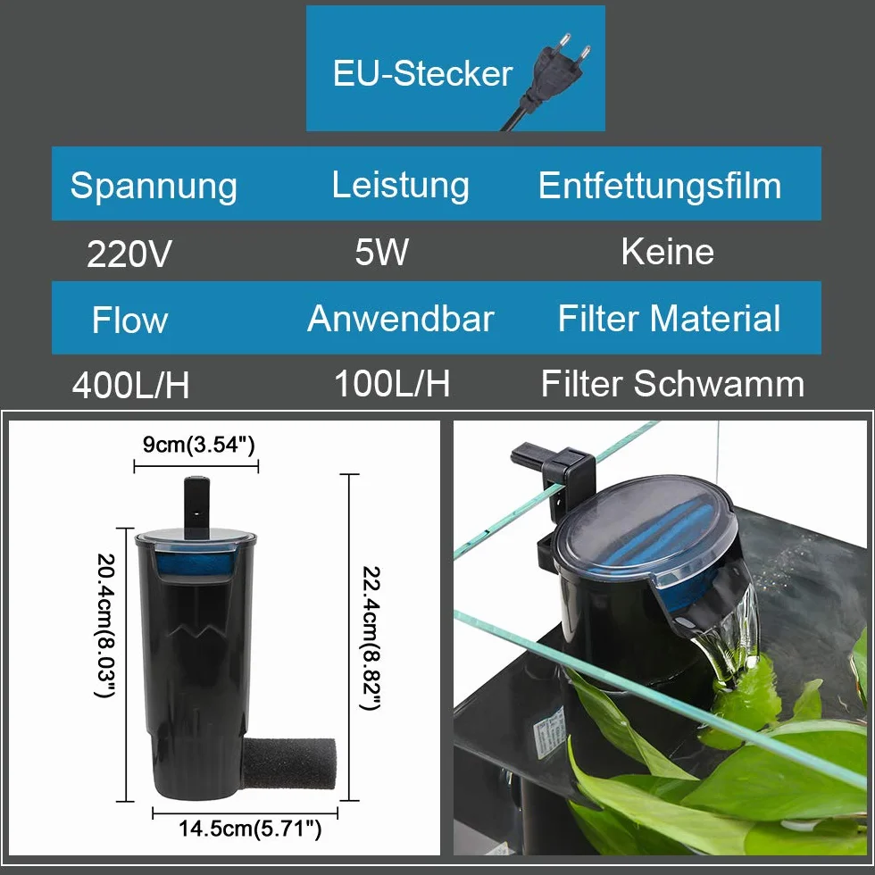 SENZEAL Tortue Basse Eau Cascade Filtre Pompe Fish Tank Externe 5W 220V 400L/H Noir