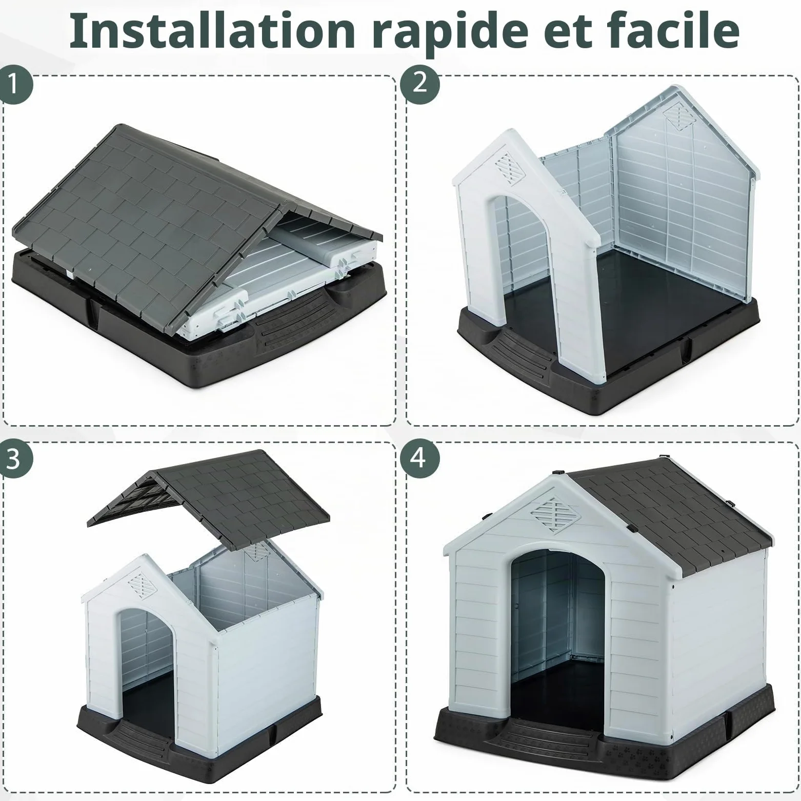 FANTASK Niche d'extérieur pour Chien, en Plastique, avec Sol surélevé et Toit imperméable, pour Jardin, intérieur et extérieur, 70 x 65 x 71,5 cm, Gris