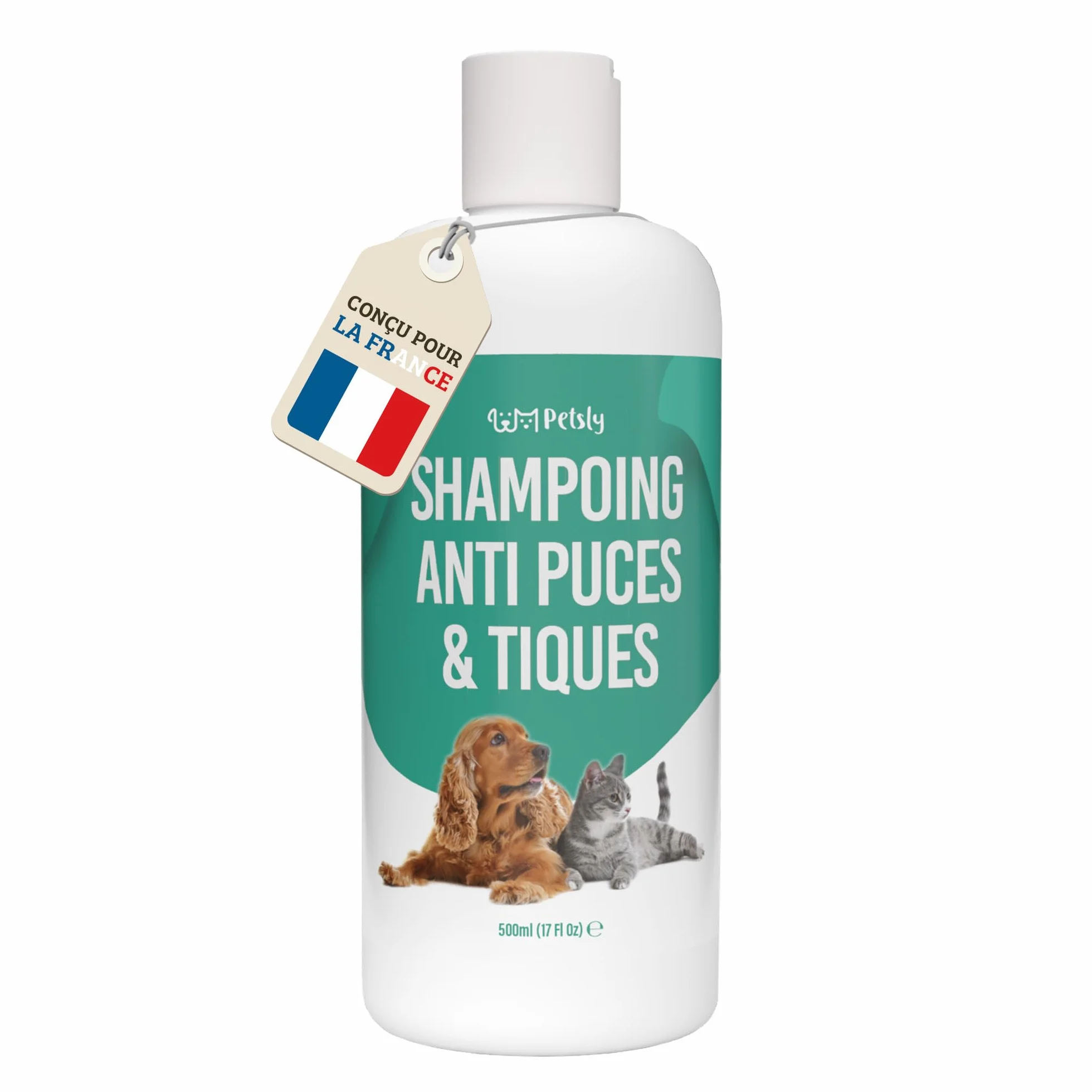 Petsly® Shampoing Anti Puces Chien Chat Chevaux -500ml- Élimine Puces & Tiques - pH Équilibré Peau Sensible, Nettoie, Apaise & Protège - Aloe Vera, Géraniol, Thé Vert, Camomile - Fabriqué en Allemagne