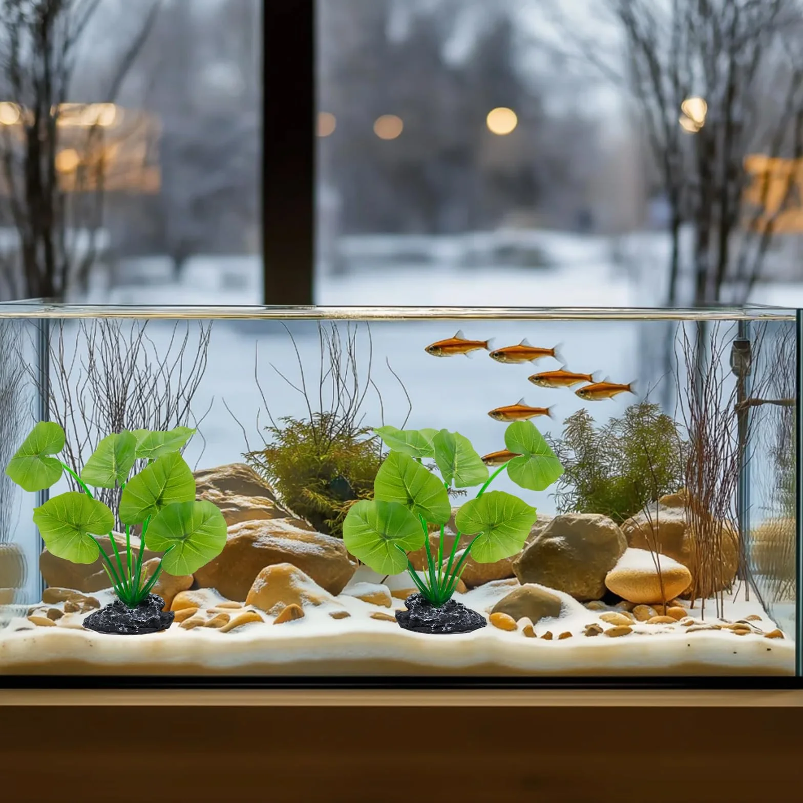Plante artificielle aquarium terrarium bois flotté socle résine feuilles plastique cachette brise-vue
