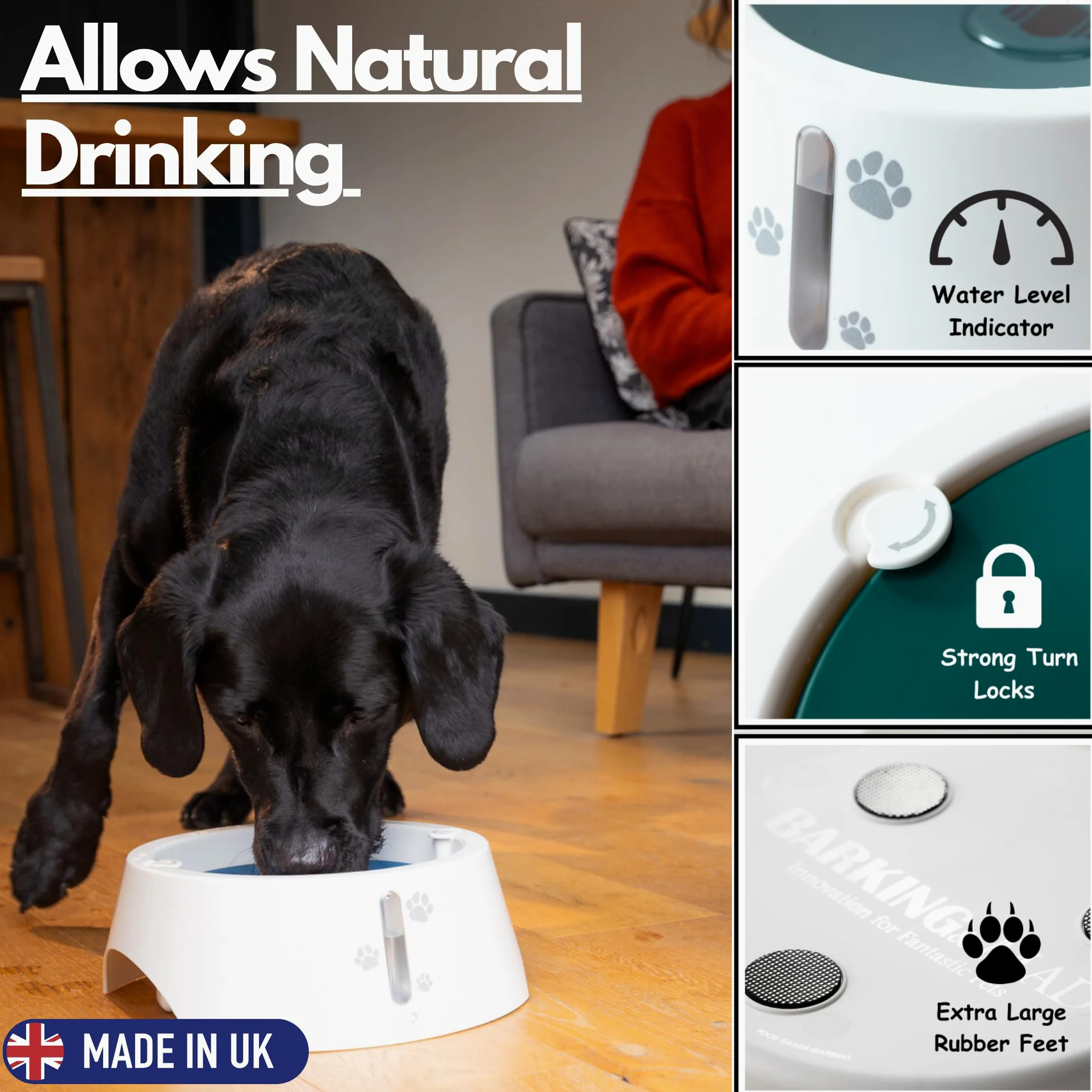 BARKING& MAD Gamelle d'eau anti-déversement pour chien de 2,1 L – Distributeur d'eau à alimentation lente anti-éclaboussures, bols blancs antidérapants et anti-basculement pour grands chiens avec de