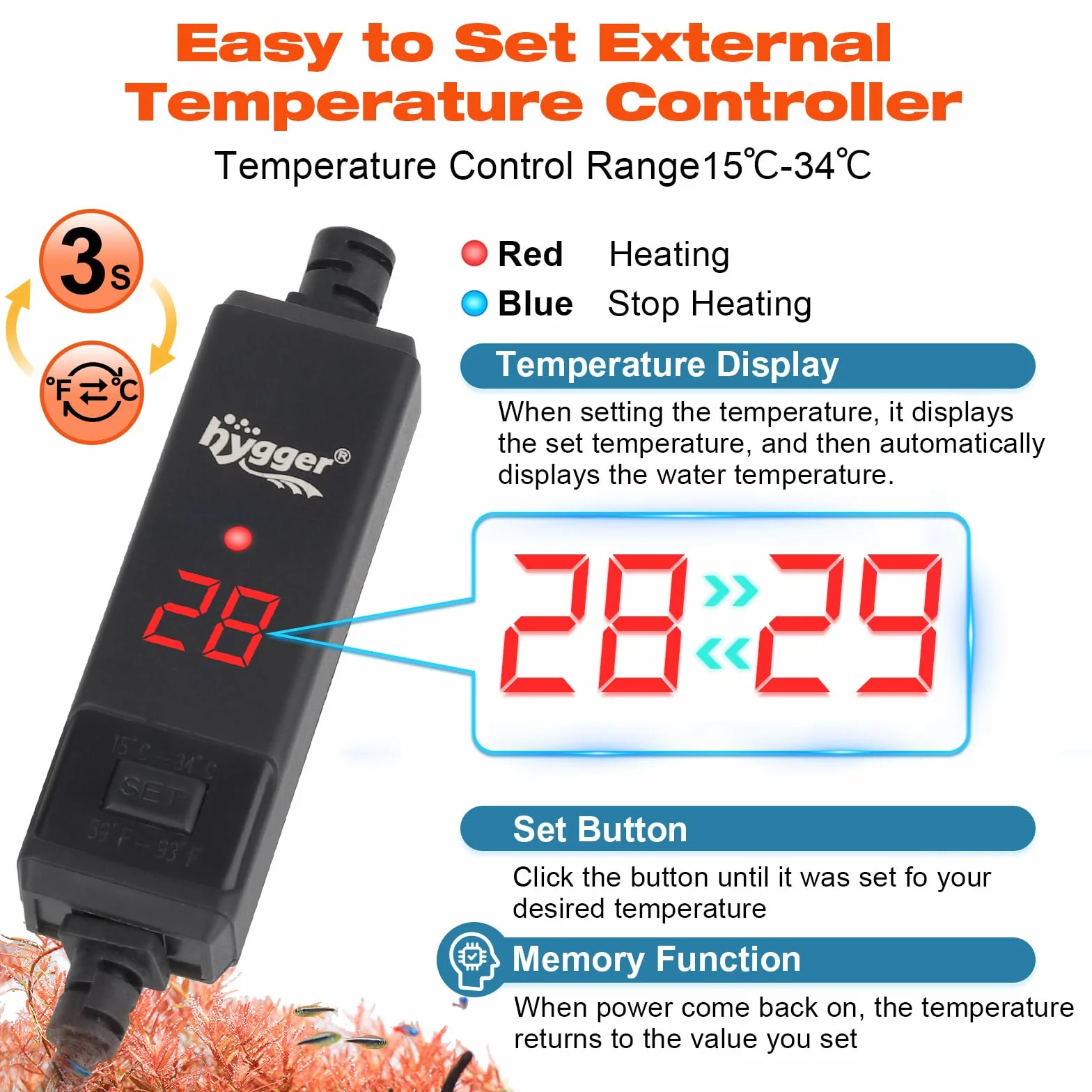 hygger Mini Chauffage pour Aquarium, 150W Submersible Aquarium Heater de Tortue with Digital Display Controller, Small Fish Tank Heater for 56-132L Freshwater Aquariums