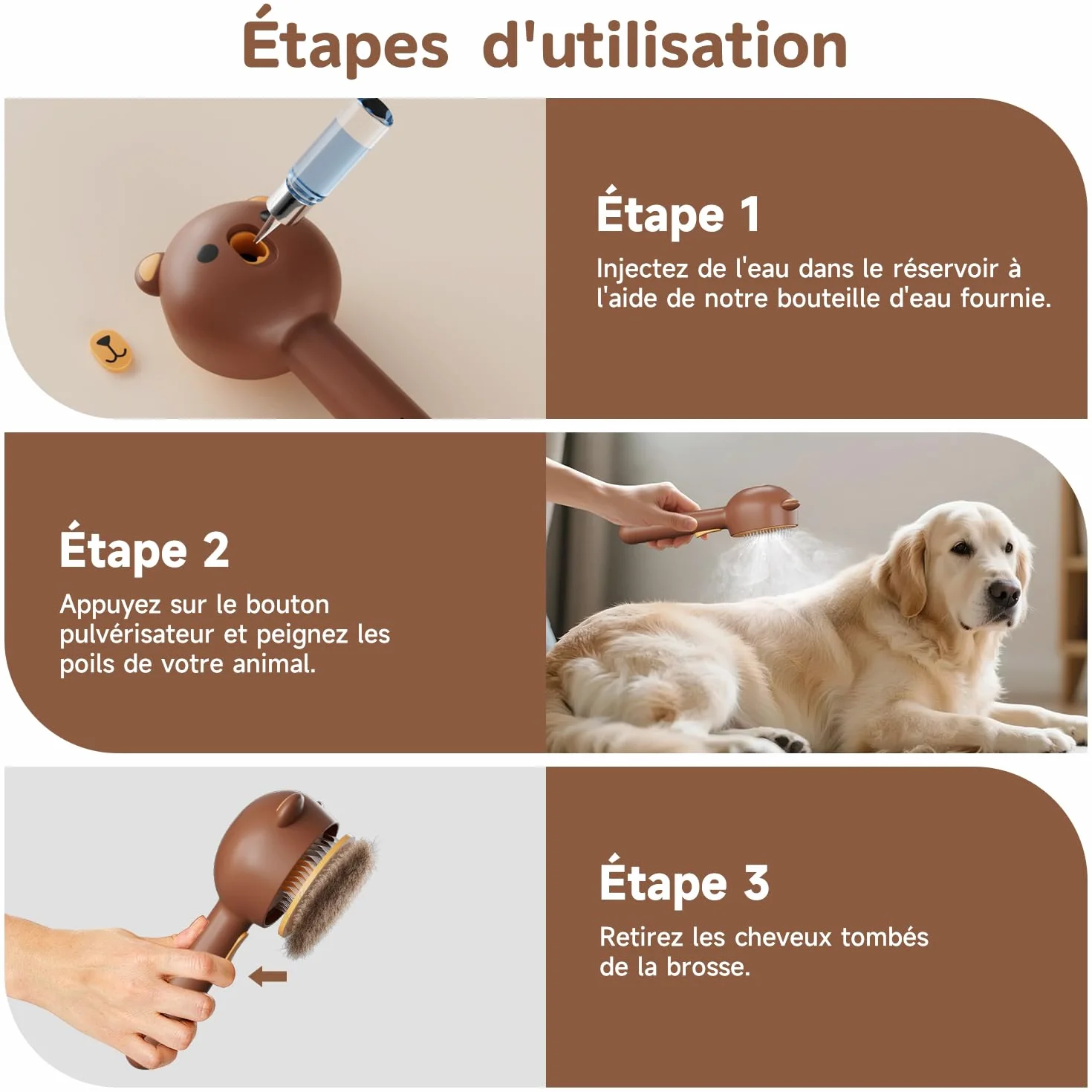 Brosse Chien Chat à Vapeur 3 en 1 Peigne de Massage Rechargeable avec Réservoir d'Eau
