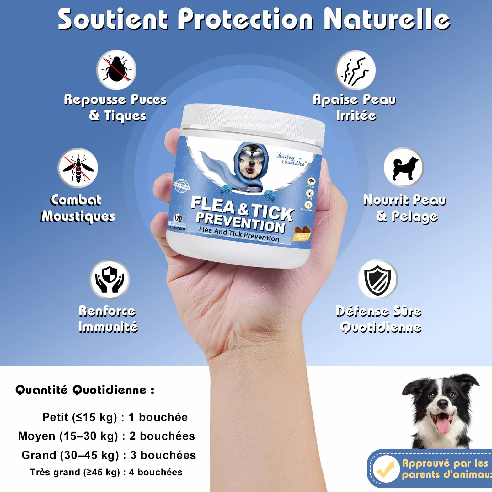 Flea and Tick Chewables for Dogs Omega 3 Probiotiques Poulet 300g