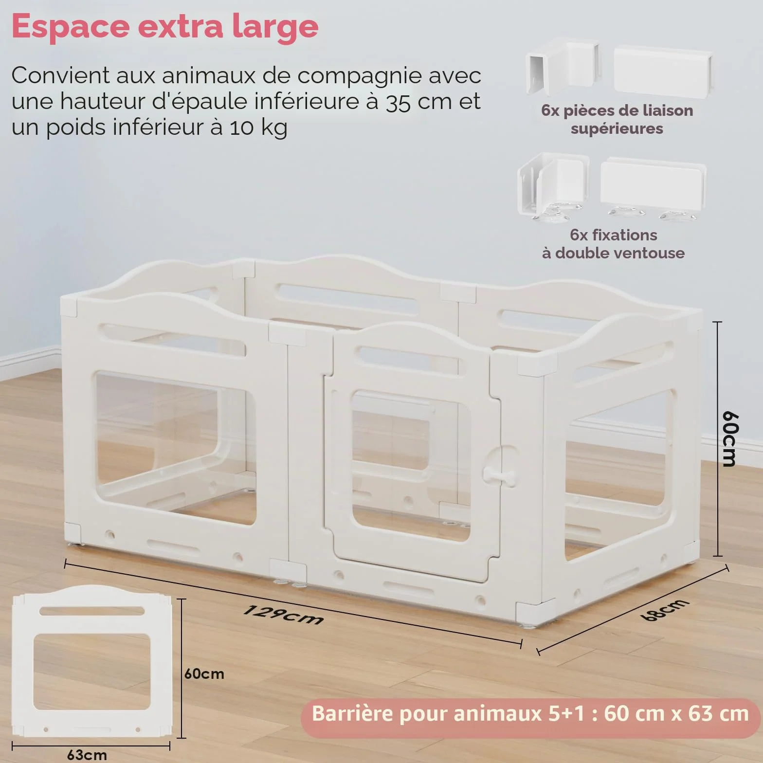 Clevich Enclos pour Chien en Acrylique 129 × 68 × 60 cm, 5+1 Panneaux avec Porte à Verrou, Pliable, Blanc