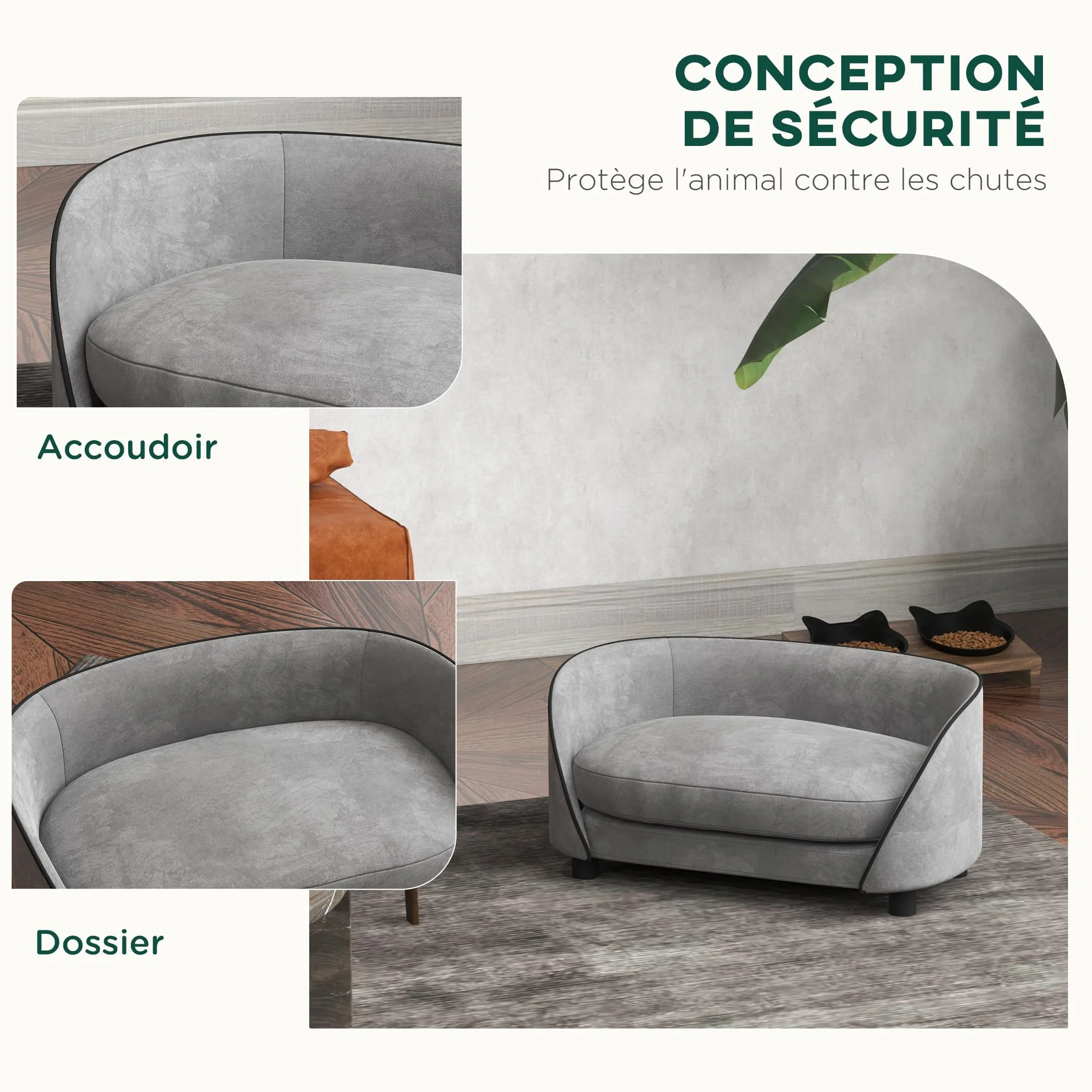 PawHut Canapé pour Chien en Velours néerlandais, Coussin Doux, Housse Amovible et Lavable, pour Petite à Moyenne Taille, Gris