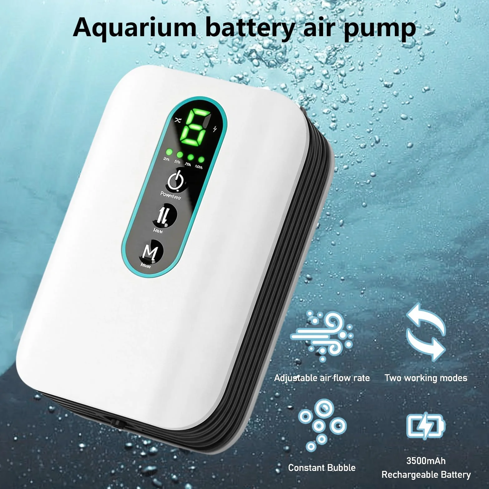 Behogan Pompe à air pour aquarium rechargeable 1,8W 1 sortie deux modes silencieuse débit réglable 6 niveaux
