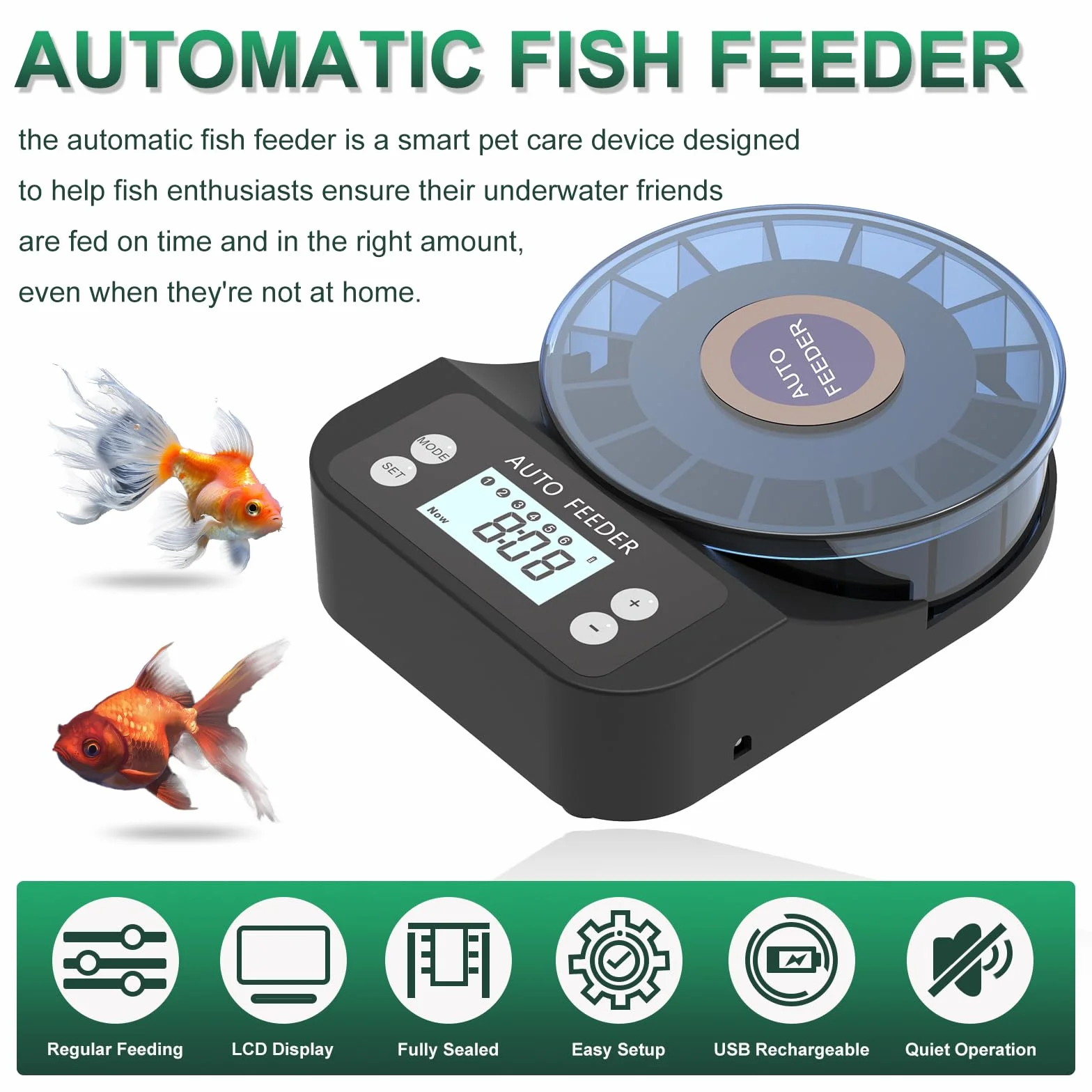 Mangeoire Automatique pour Poissons d'Aquarium 60 ML avec Minuterie, Rechargeable USB, Écran LCD