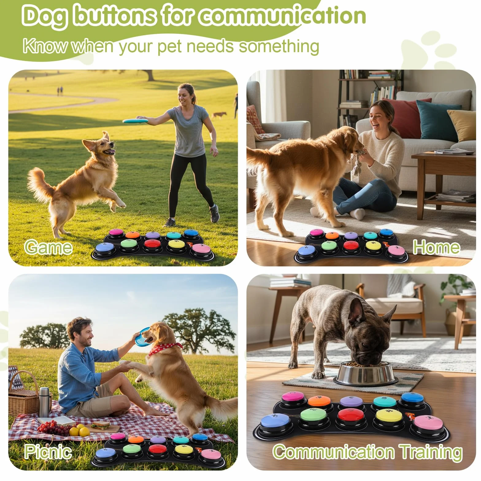 Boutons pour chiens pour la communication Kit de démarrage de 10 boutons pour chiens 30S Boutons d'entraînement enregistrables HD avec tapis antidérapant imperméable + 50 autocollants de scènes