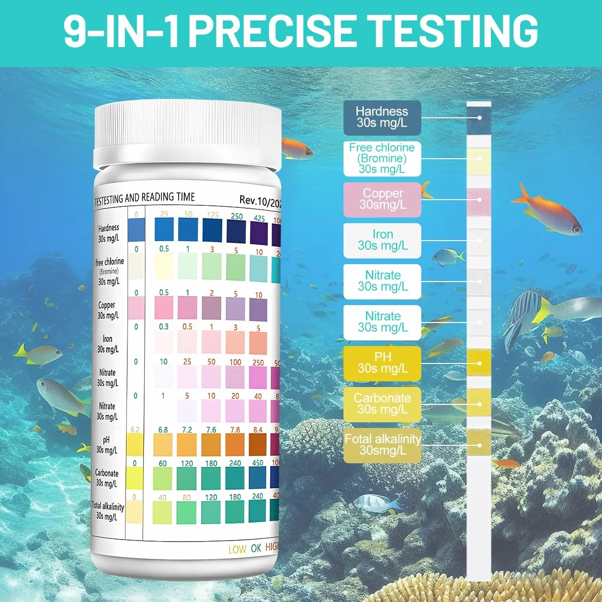 Bandelettes de test d'eau 9 en 1 pour aquarium pH nitrites nitrates chlore dureté totale fer cuivre