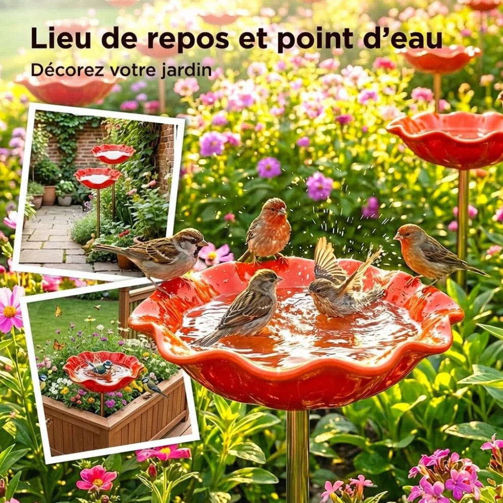 Abreuvoir Oiseaux Métal Motif Fleurs, Bain Oiseau Décoratif Résistant Intempéries, Piquet Jardin Fleur Métal Fait Main (Rouge)