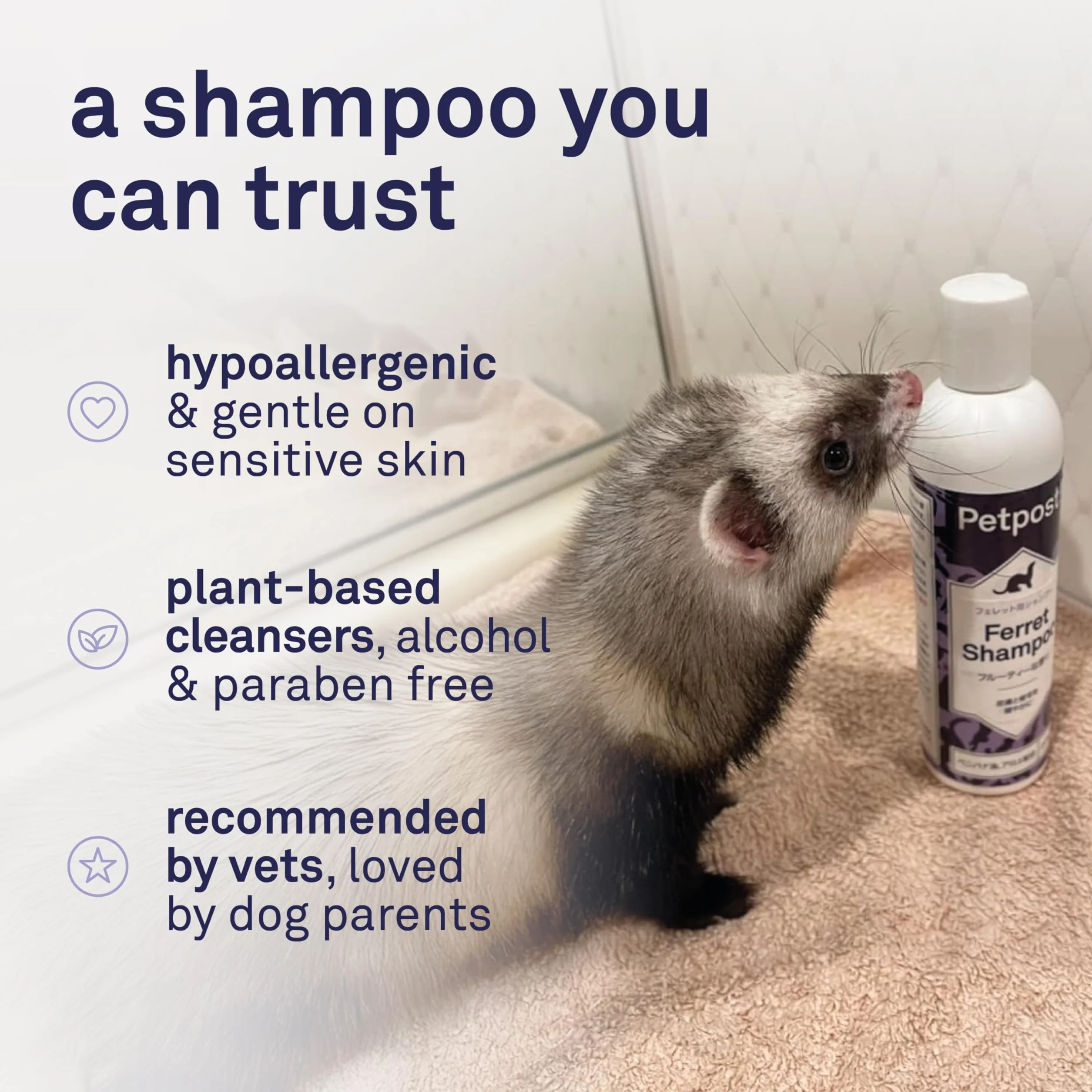 Shampoing pour furets désodorisant naturellement Peau et Pelage sains