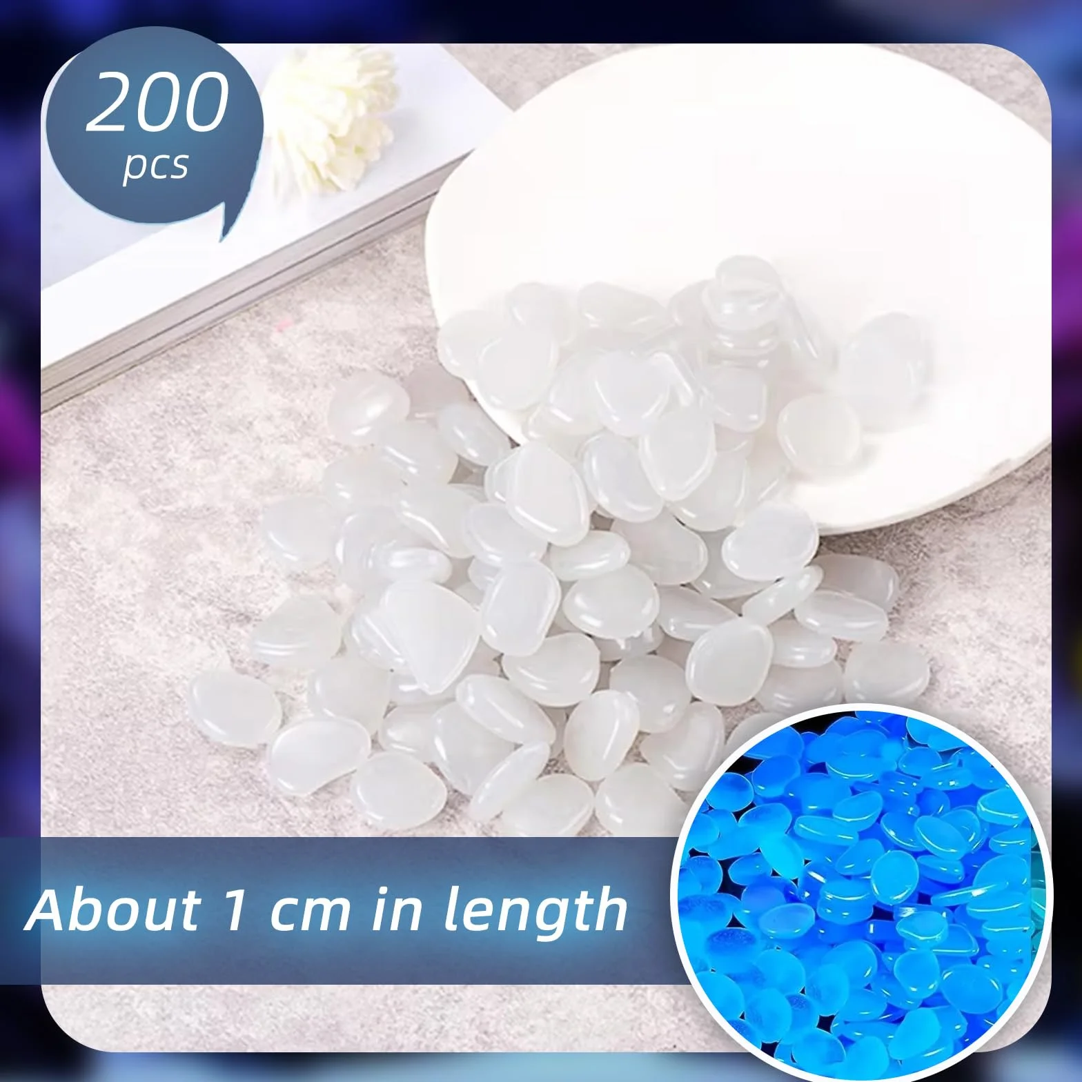 200 Pièces Lumineuses blanches Galets,Lumineux Galets de Jardin et Cailloux Decoratif,Galets Phosphorescents Blancs Phosphorescents,pour la Décoration Extérieure,Terrasse,Pelouse,Aquariums (1cm)