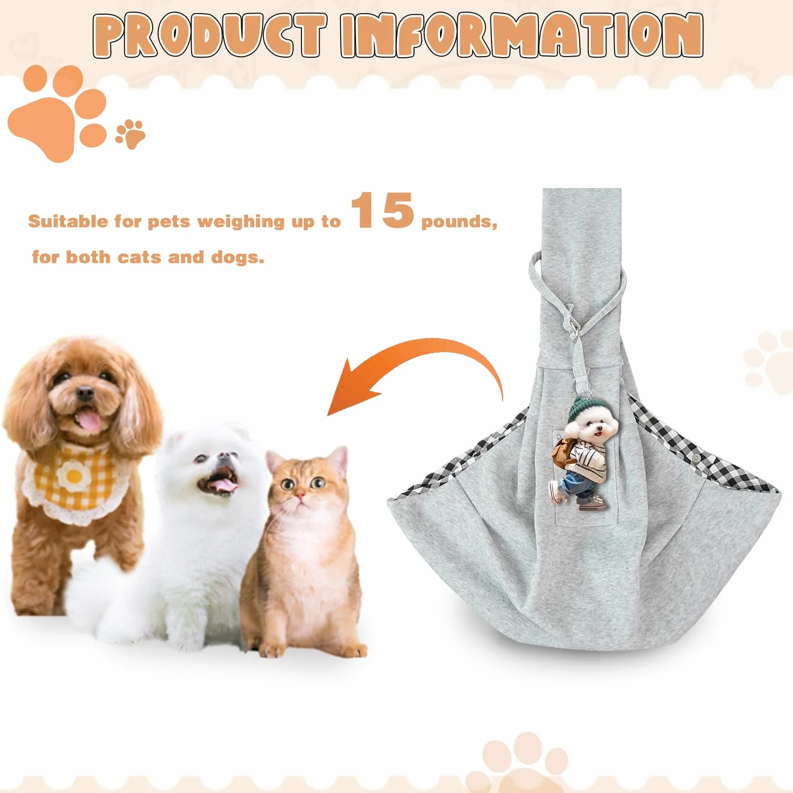 Sac de Transport pour Chien Chat à Bandoulière Mains Libres 15kg Gris