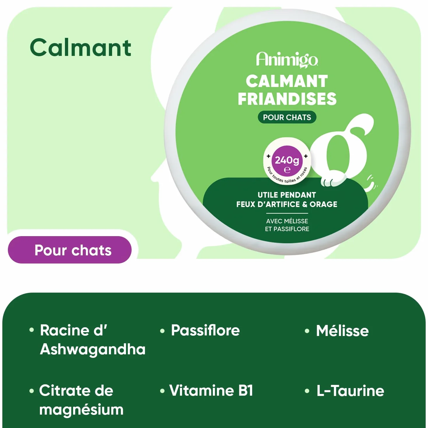 Animigo Calmant Chat 120 Friandises Bouchées Tendres Taurine Ashwagandha Passiflore Mélisse Vitamine B1 Magnésium