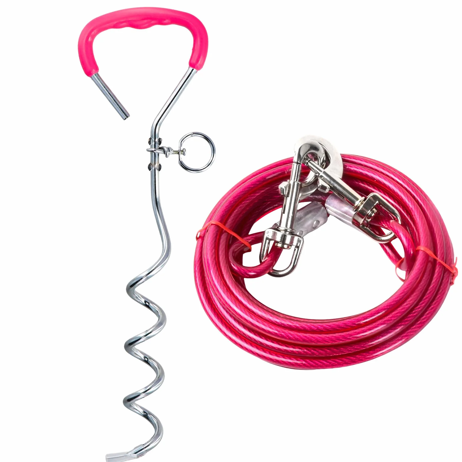 3 m Laisse pour Chien avec 42 cm Ancrage au Sol, 6 mm Câble d'attache Chiens Petite Medium Grande avec Crochet Pivotant, Jusqu'à 250 kg, PVC Coated, Anti-Morsure, Chaîne Chien Extérieur (3m Rose)