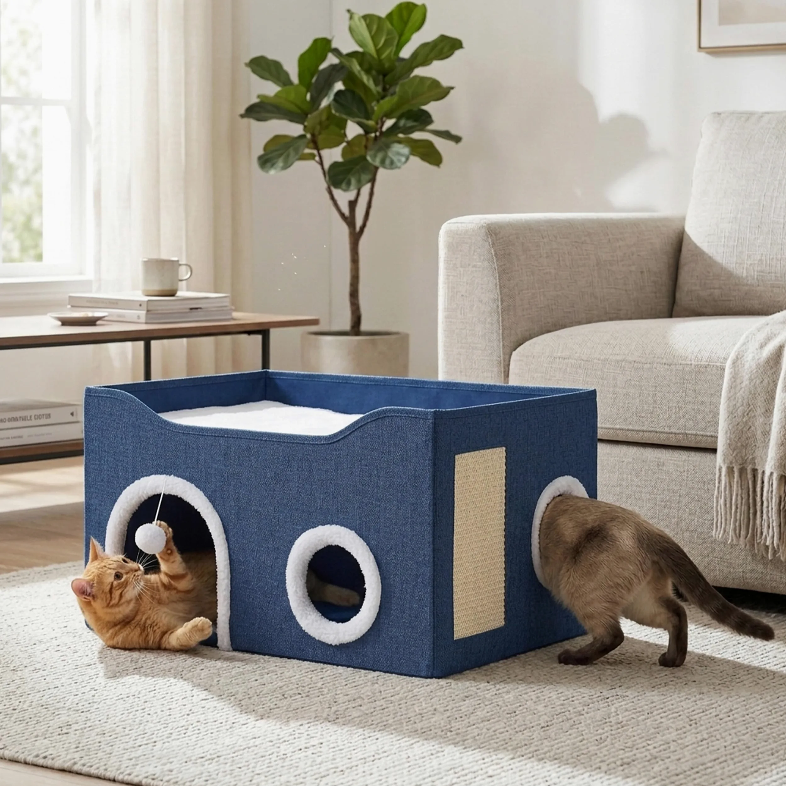 Grotte pour Chat Relaxdays, H x L x P : 34 x 60 x 40 cm, griffoir, Balle, 2 Coussins, Pliable, Bleue