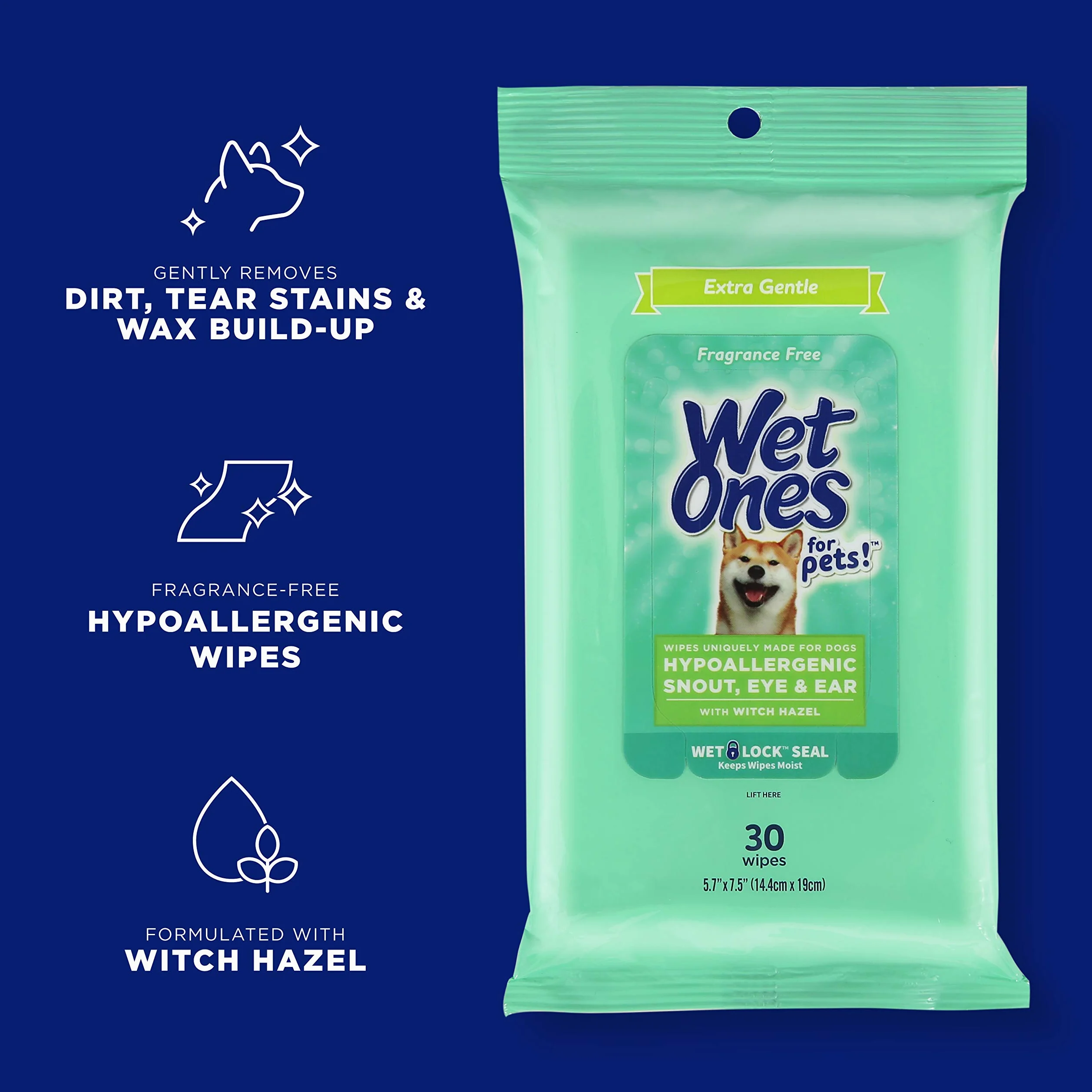 Wet Ones for Pets Lot de 30 paquets de 24 lingettes extra douces pour chien avec hamamélis pour museau, yeux, oreilles - Lingettes pour chien sans parfum avec fermeture humide