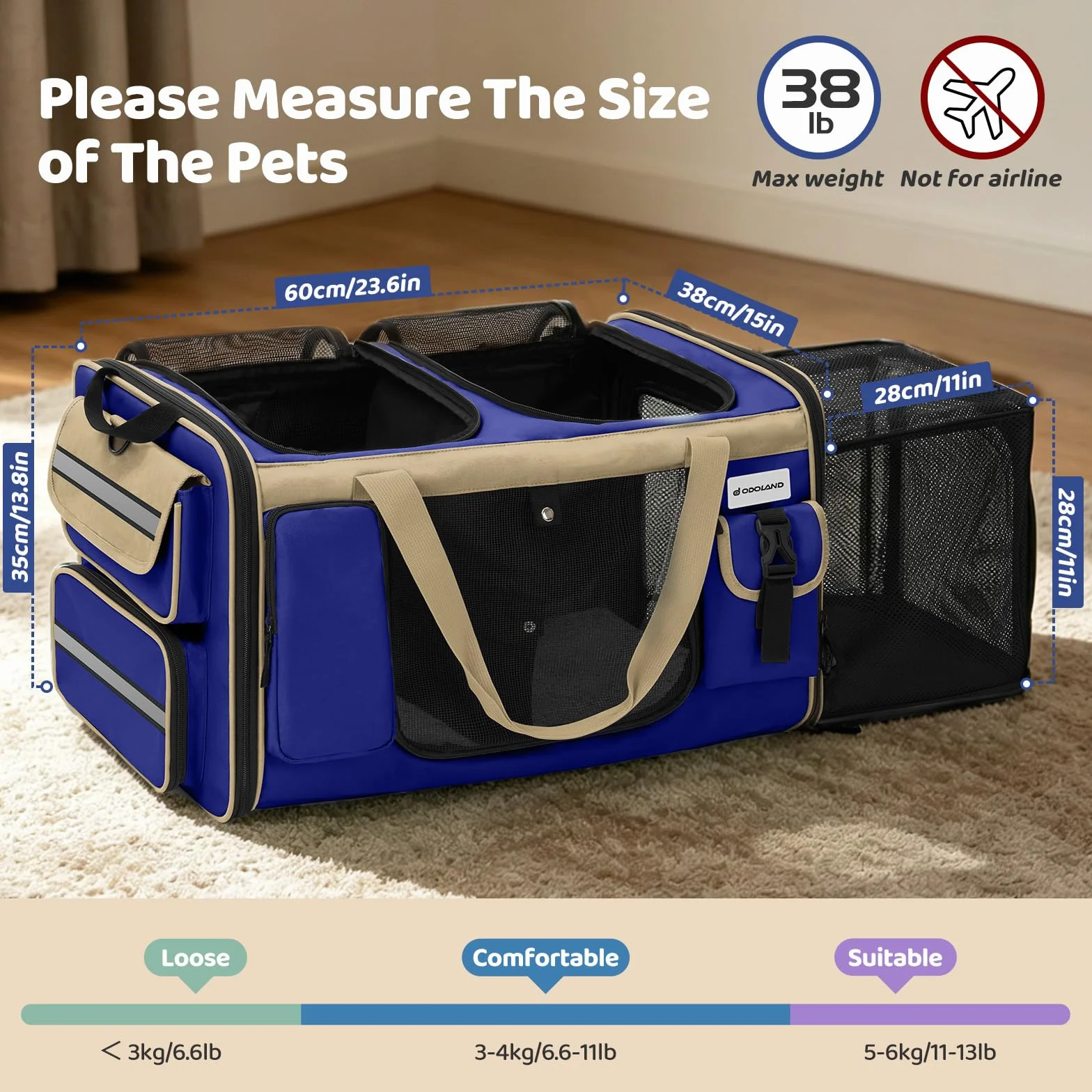 Odoland Pliable Sac de Transport pour Chats 2 Chats Extensible avec Bandoulière et Bac à Litière Bleu