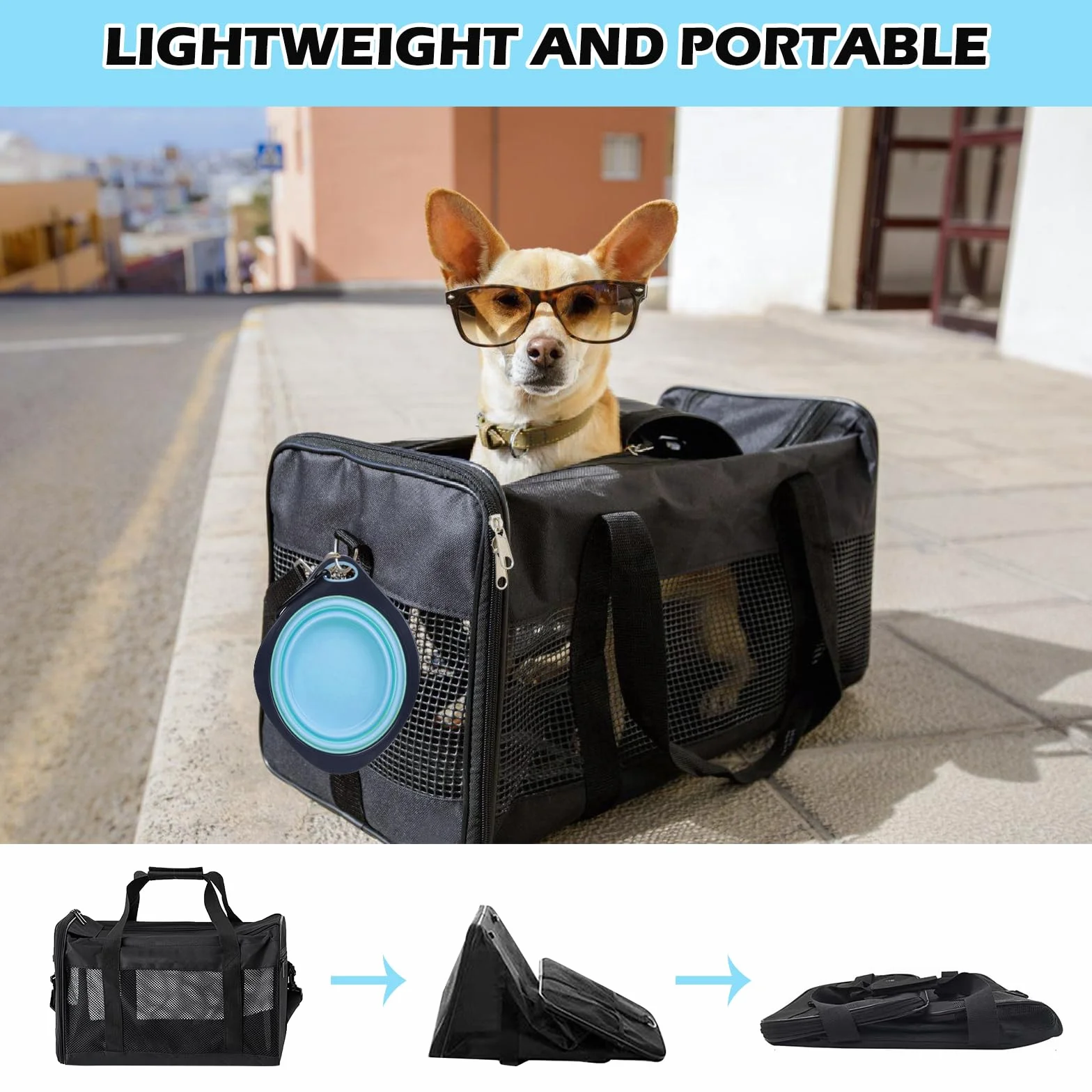 Sac de transport MEYAGOT pour chat et chien, pliable, respirant, avec gamelle, pour voyage, visites vétérinaires et sécurité temporaire, en tissu Oxford beige, jusqu'à 9 kg