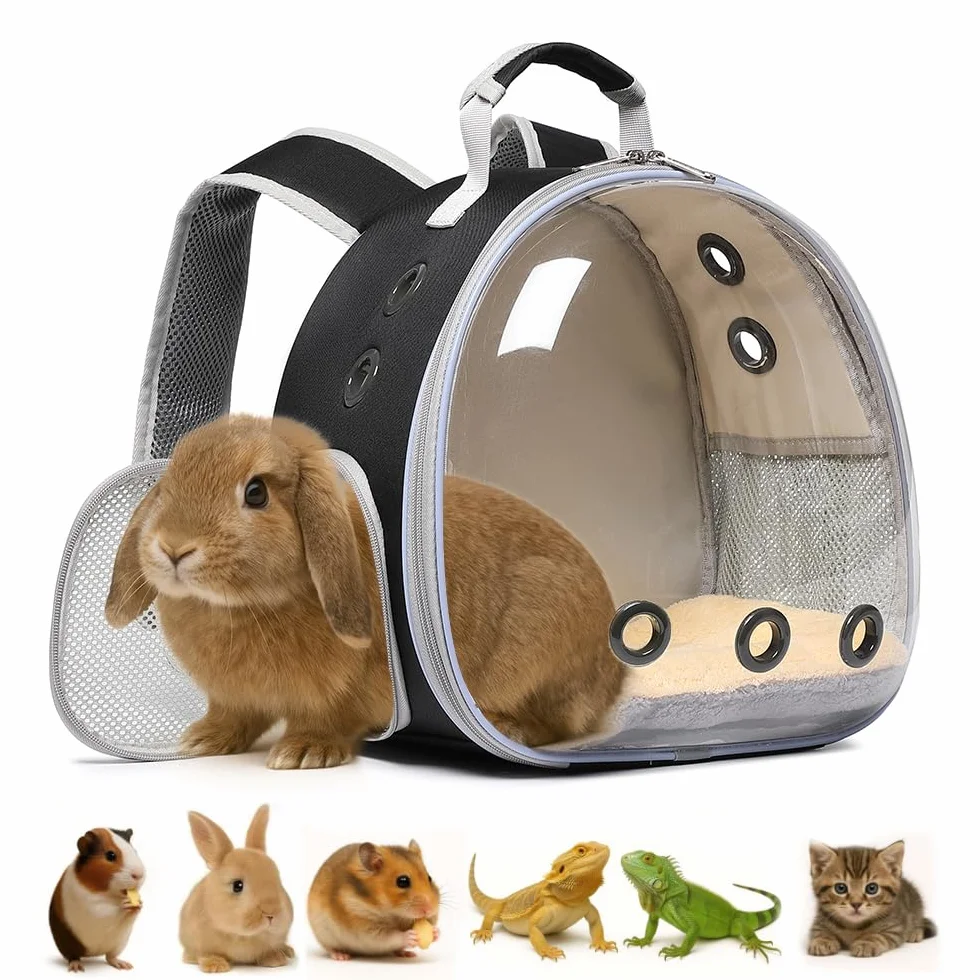 Sac à dos de transport respirant pour cochon d'Inde, lapin, lézard, hamster - Visites vétérinaires, plein air (noir)