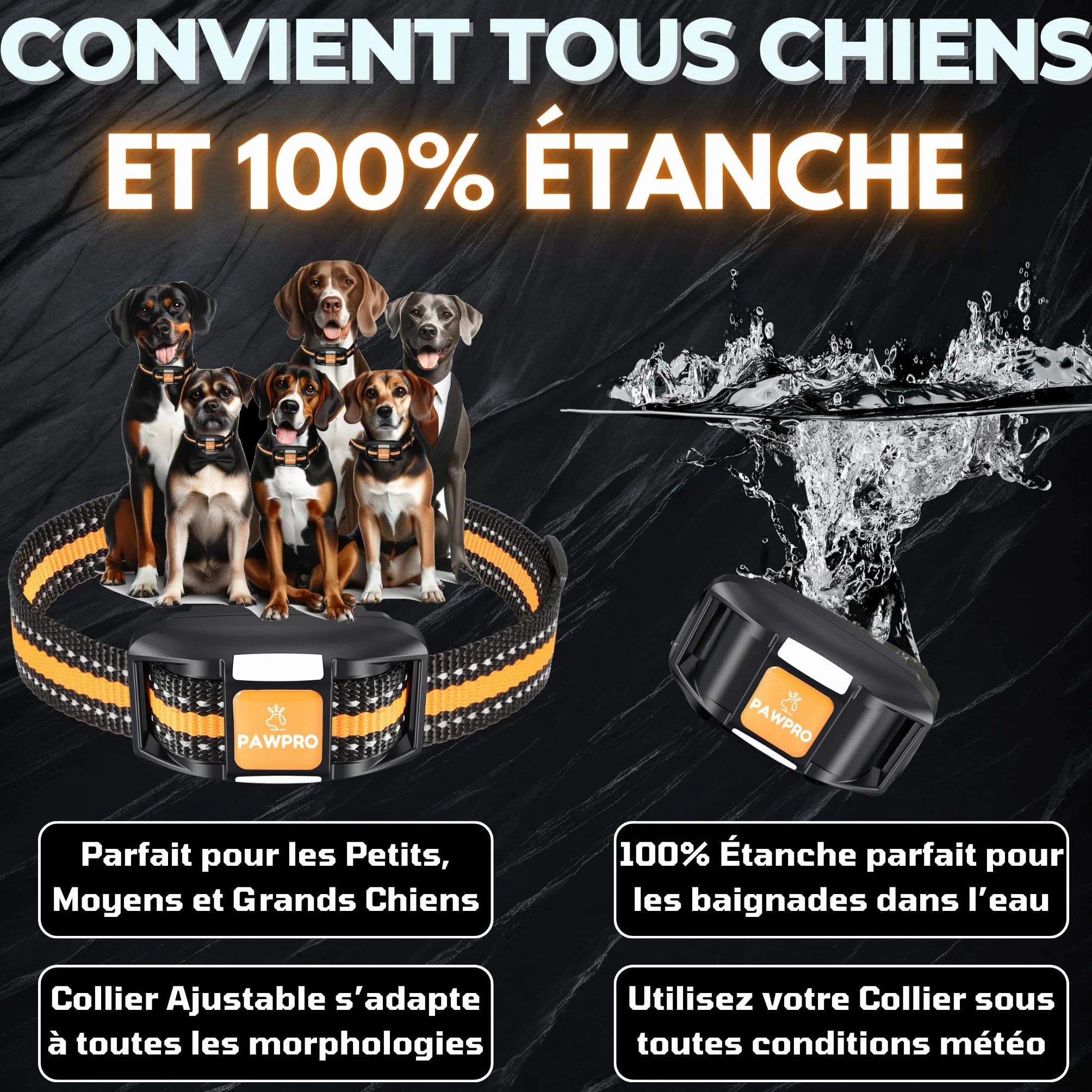 Collier de Dressage PAWPRO, Portée 3km, Mode Lumière Nocturne, 124 Niveaux, BIP Vibration Choc, Étanche Rechargeable