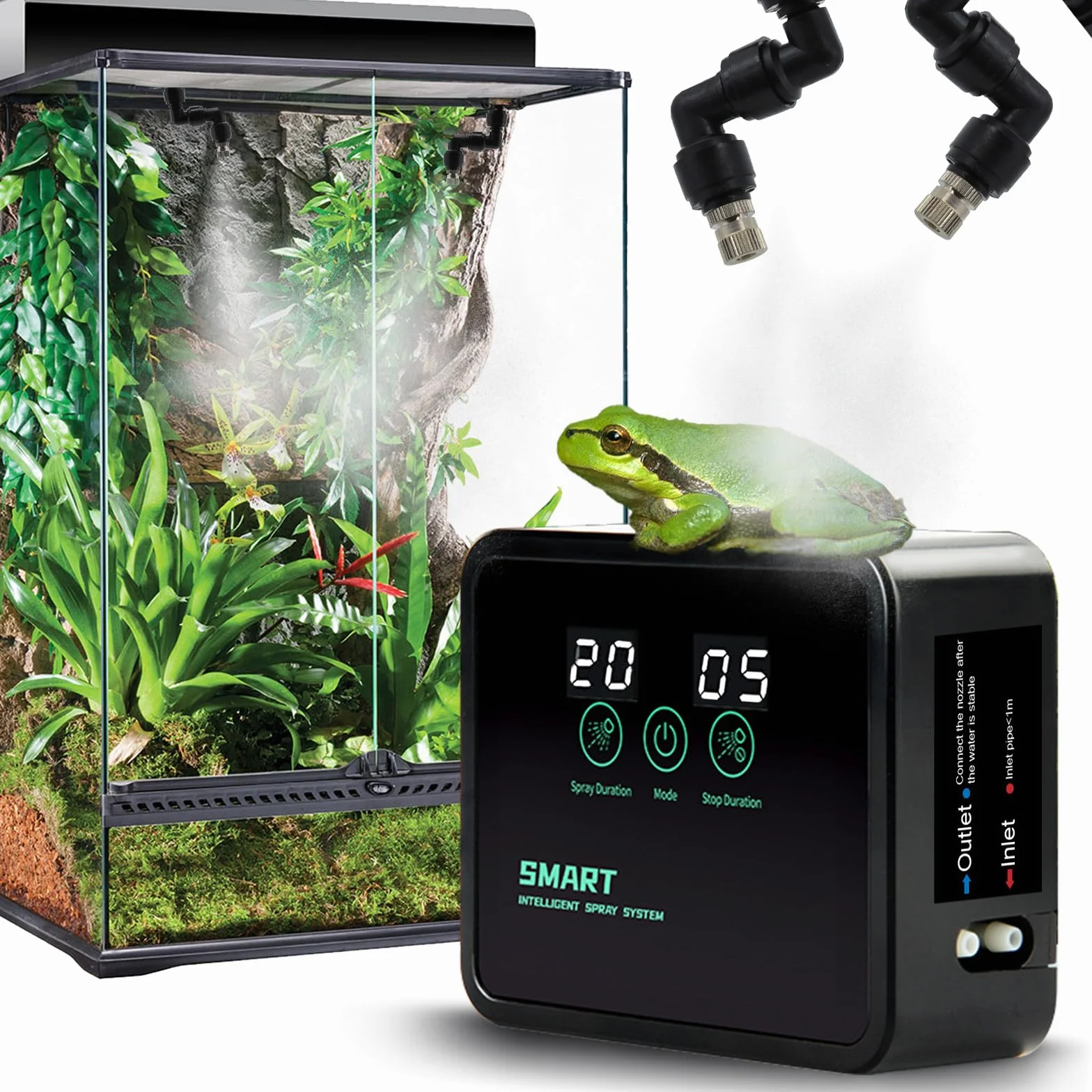 MECESOR Humidificateur pour reptile - Système de brumisation intelligent pour terrariums - Automatique avec minuteur - Buses de brumisation réglables à 360° pour caméléons, serpents, grenouilles