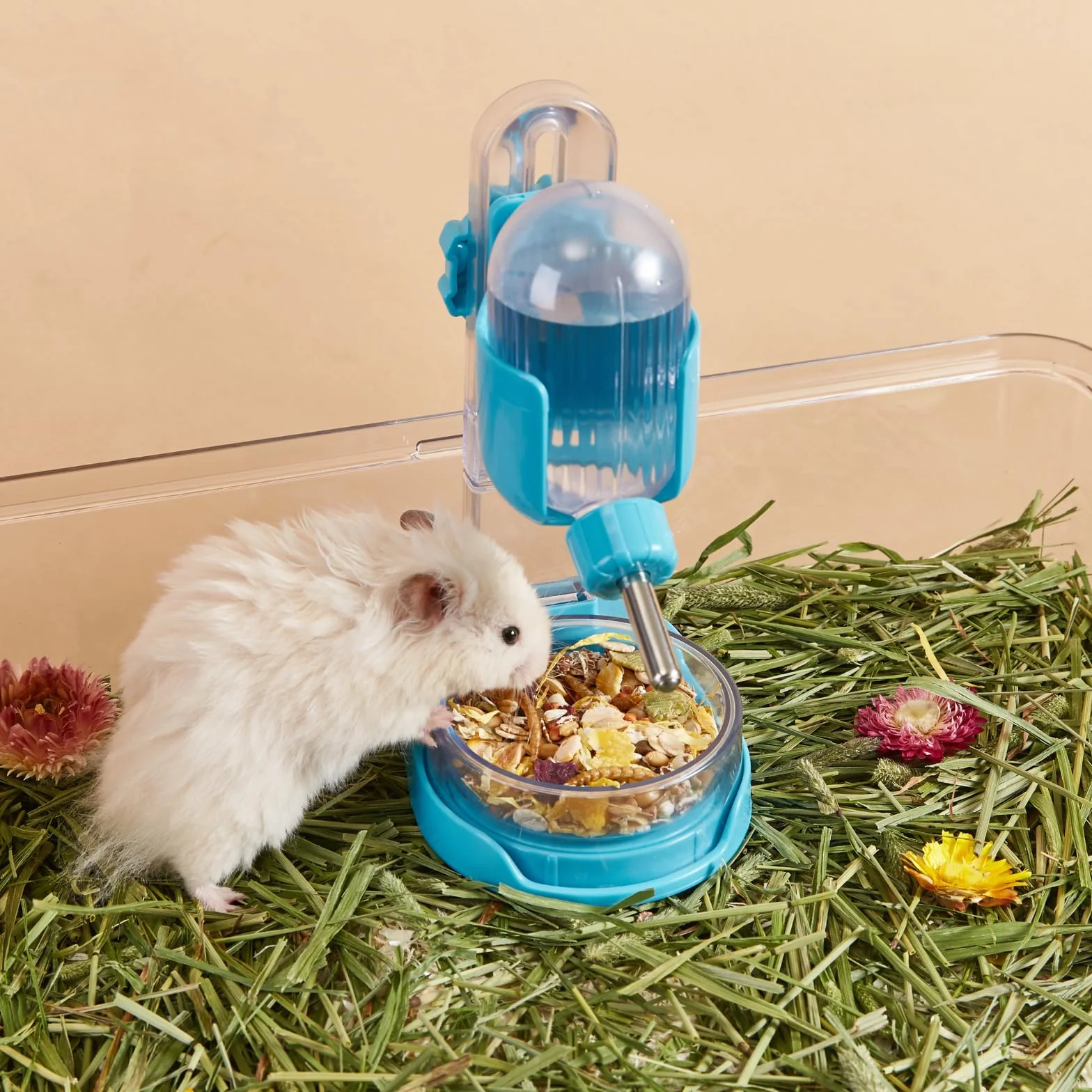Bouteille d'eau pour Hamster 100 ML avec Support et Bol de Nourriture, Bleu