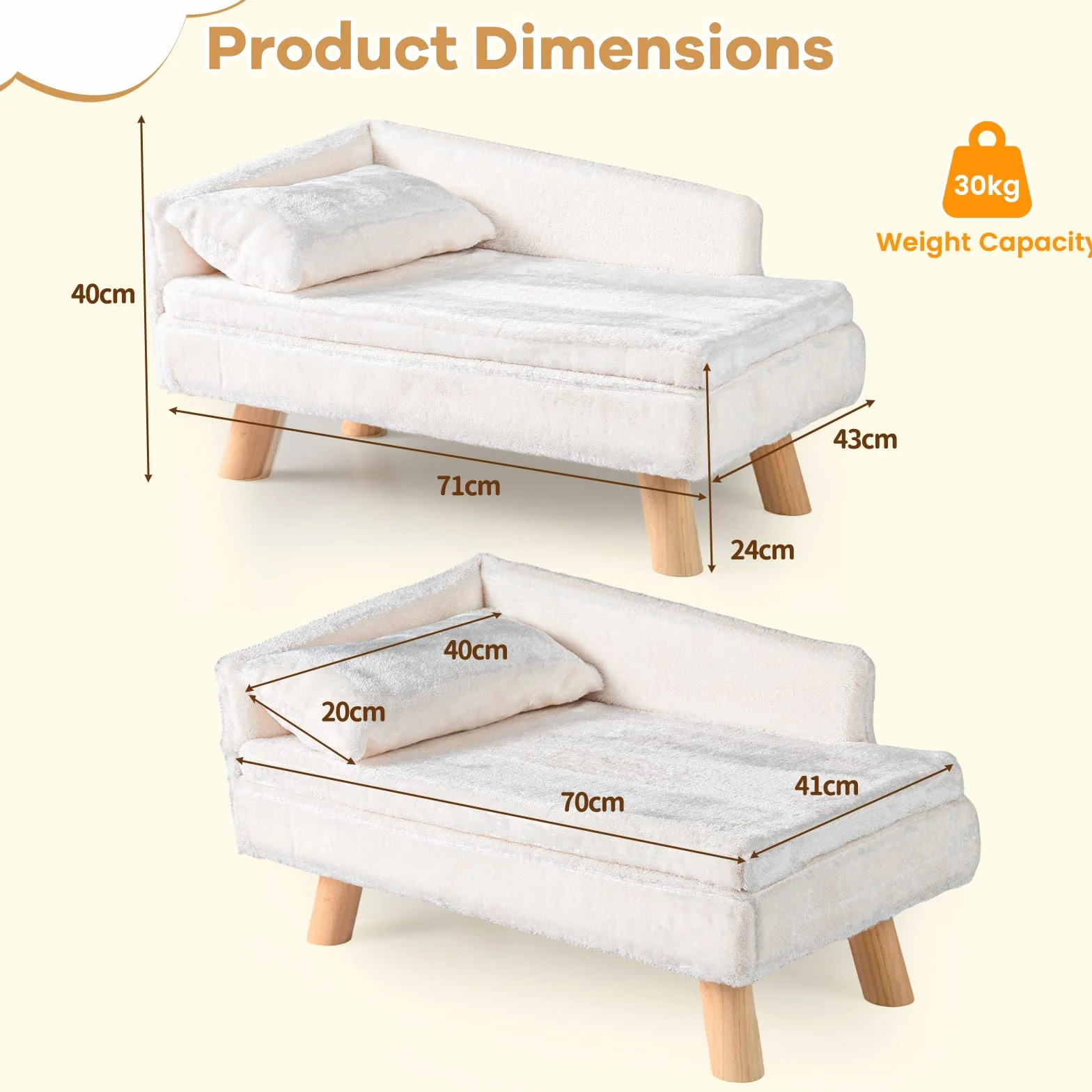 SOARS Canapé pour Chien Chat, Lit Surélevé avec Dossier Haut, Coussin et Pieds en Bois Massif, 71 x 43 x 40 cm, Beige
