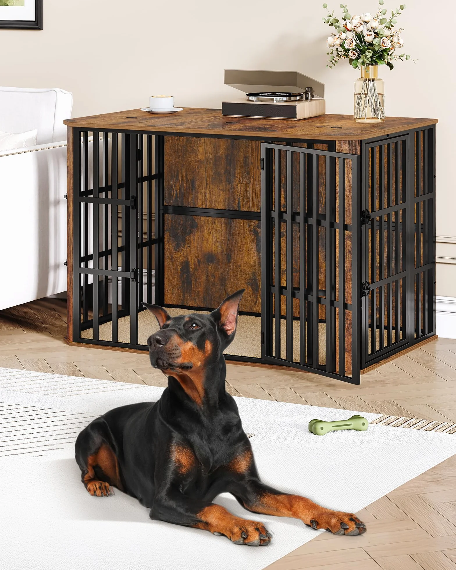 Cage pour Chien en Bois Hzuaneri, 120 x 75 x 81 cm, Marron Rustique, Multi-Portes