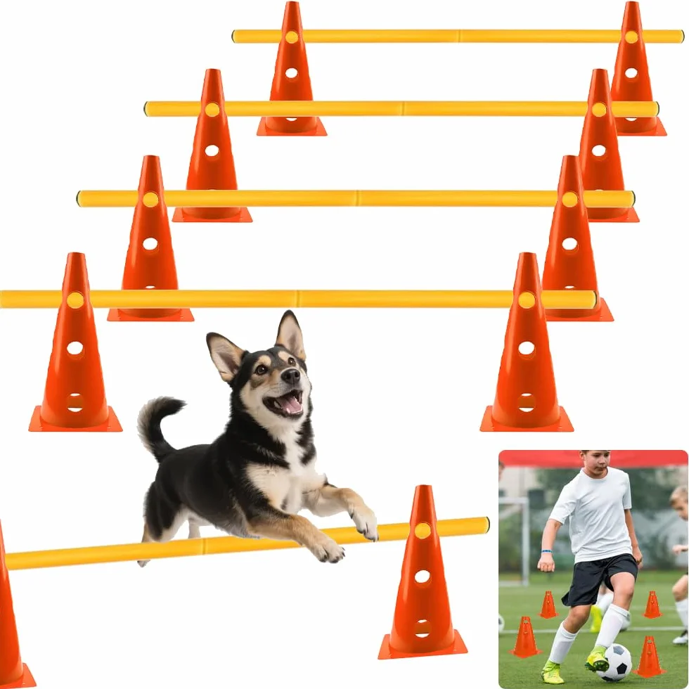 Kit Agility pour Chien Sports Haies Set 8 Cônes 4 Barres 23 cm Hauteur 80 cm Longueur Orange