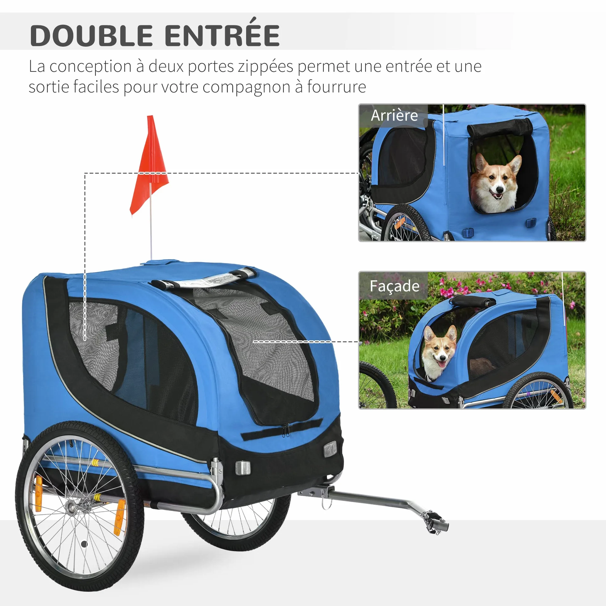 PawHut Remorque Velo pour Chien Animaux avec 8 Reflecteurs Drapeau Bleu Noir