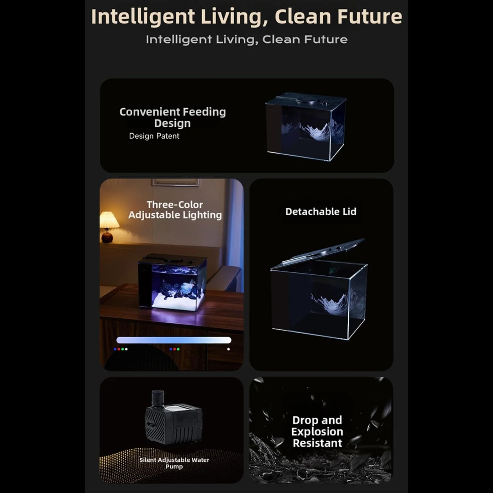 Aquarium de table avec filtre latéral, filtration améliorant l'oxygène, pompe de débit 160 l/h, luminosité réglable à 10 niveaux et éclairage LED (S)