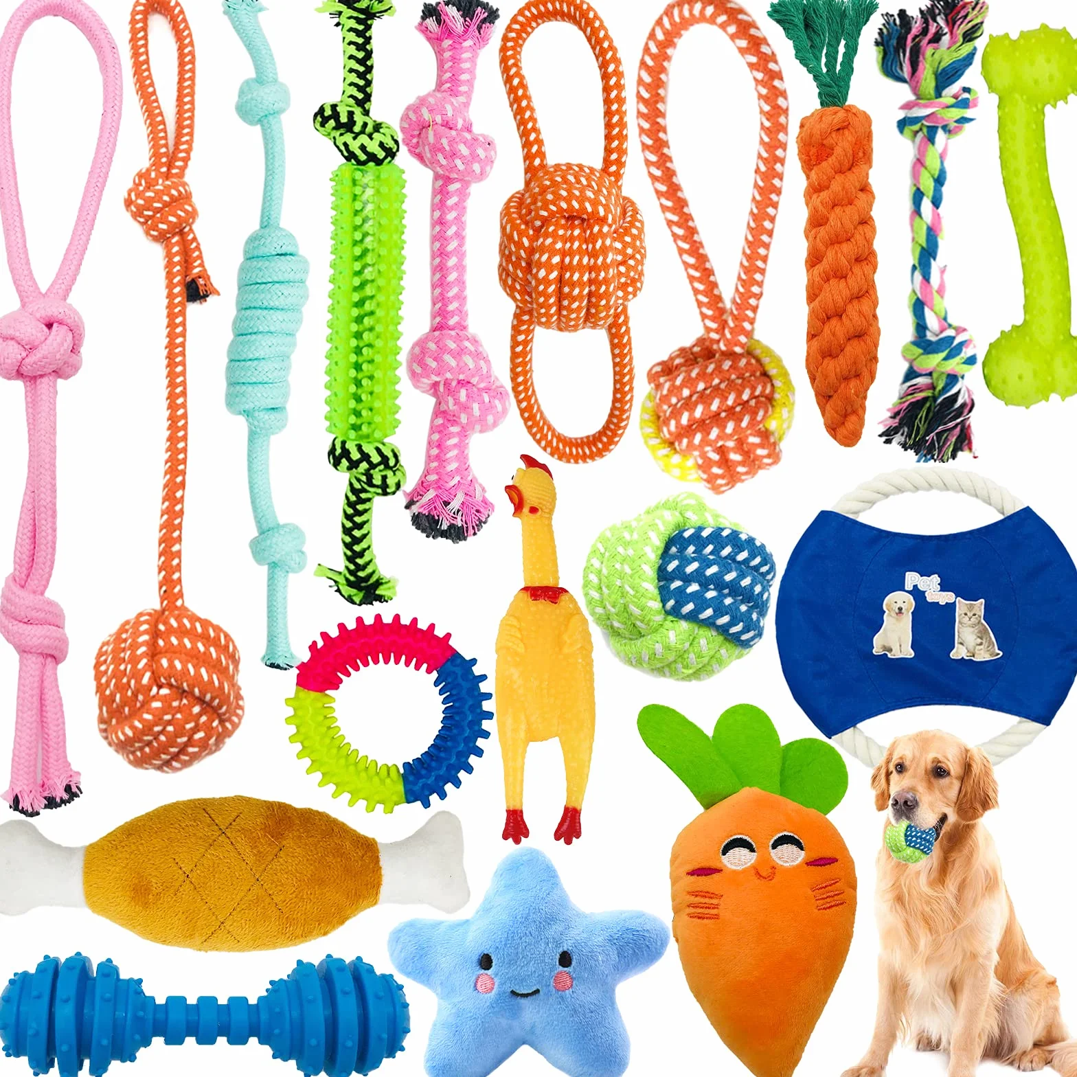 Frasheng Ensemble de Jouets pour Chien 18 Pièces, Corde à Mâcher Durable, Jouet Interactif, Peluche, Balle, Coton Naturel pour Petit et Moyen Chien
