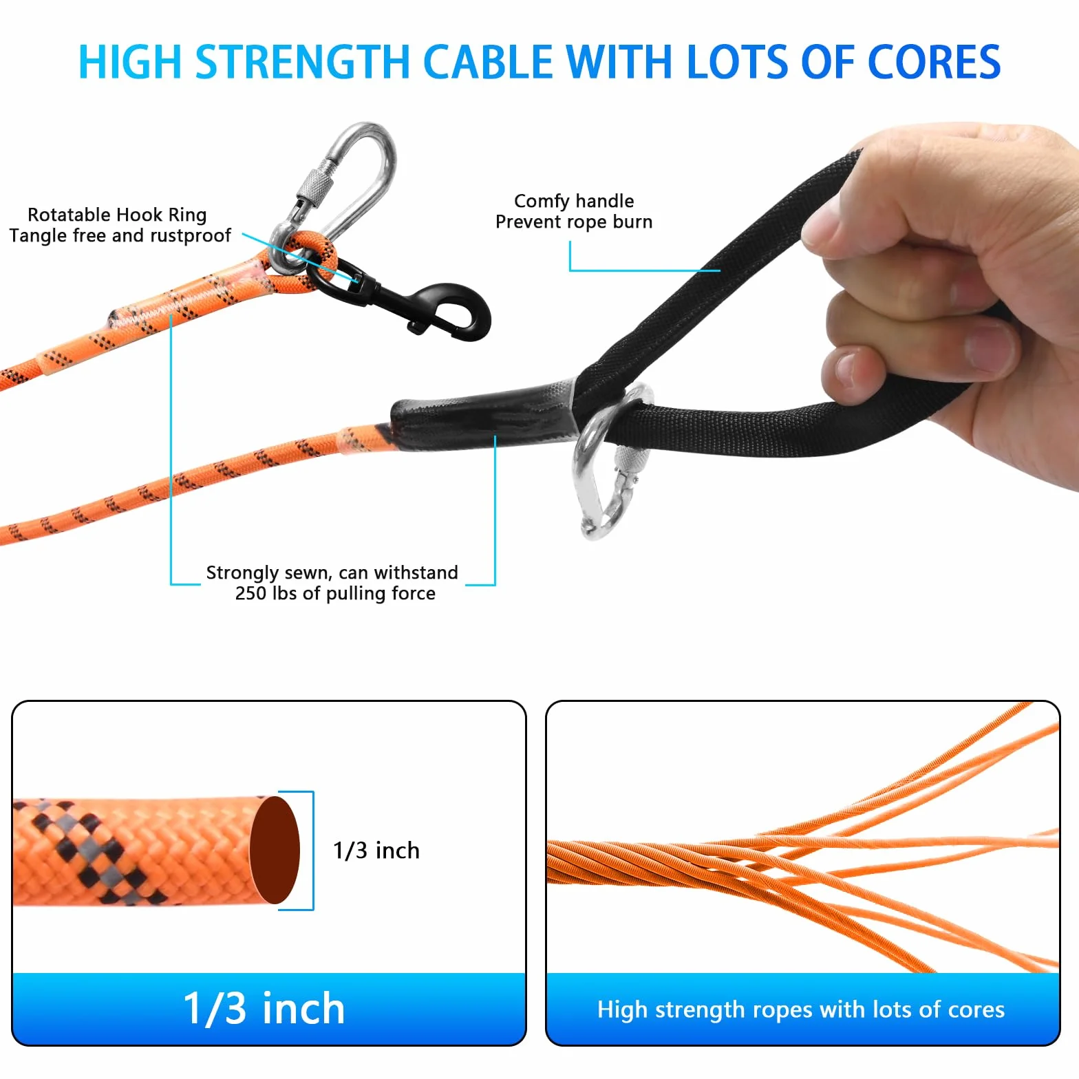 Câble d'attache pour Chien 3 en 1 15M+3M Orange Nylon Réfléchissante Longe Trolley Portable Laisse avec Sac