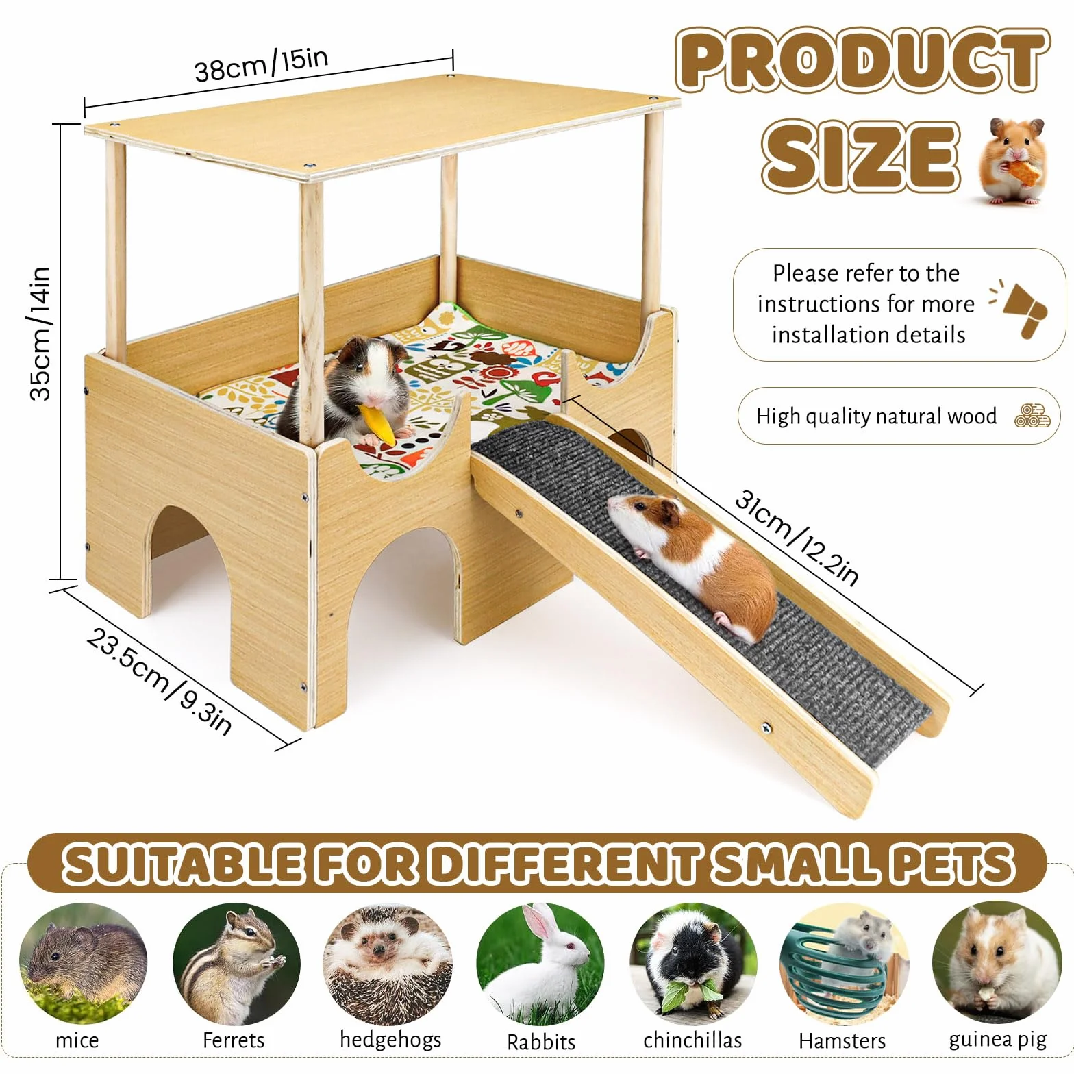 Maison pour cochon d'Inde, cachette pour hamster, lapin, jouets pour cochons d'Inde, accessoires pour cochons d'Inde, maisons et habitats pour petits animaux (bois)