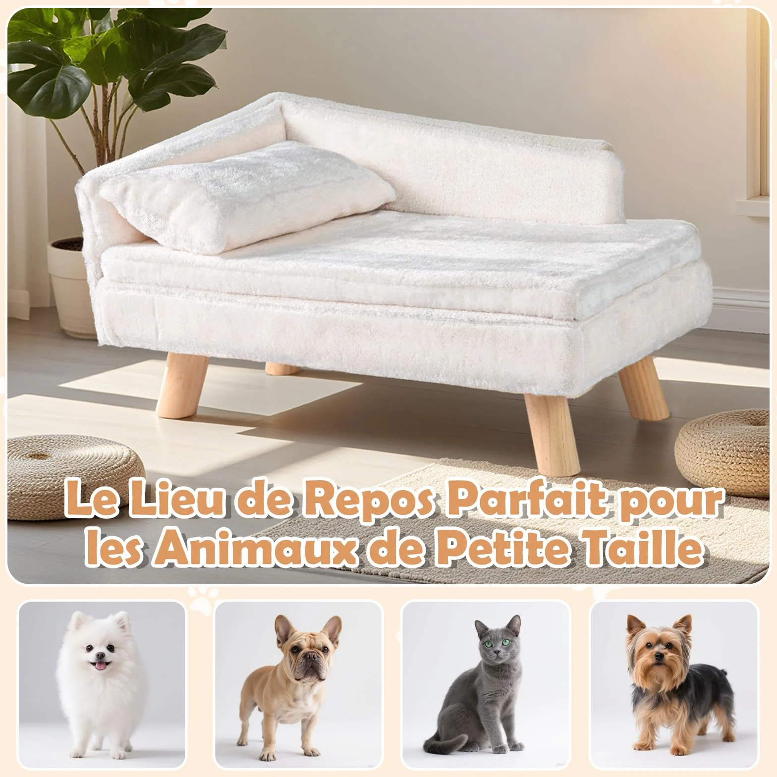 COSTWAY Canapé Lit pour Chien Chat 30/50 kg, Oreiller Coussin Amovibles, Pieds Bois, Panier Chien Chat Moyens Petits, Dossier Haut, Beige 71x43x40 cm