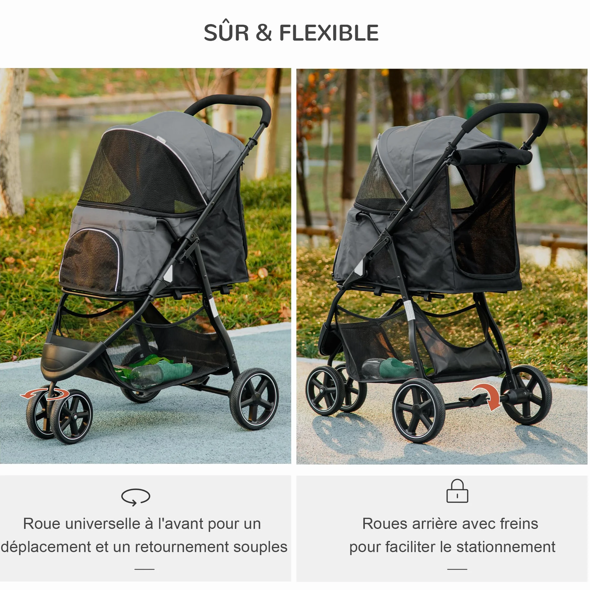 PawHut Poussette pour chien pliable, roues EVA, guidon réglable, 83 x 55 x 101 cm, gris