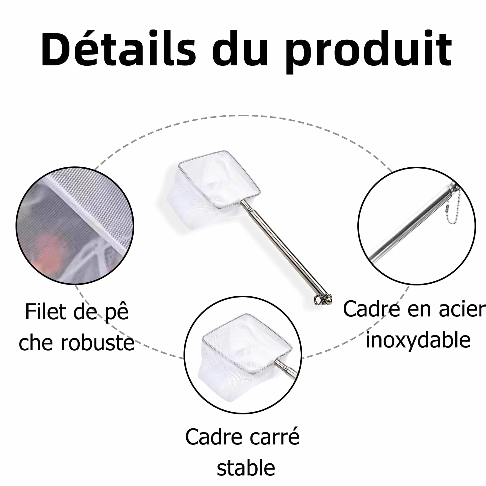 Épuisette Aquarium Télescopique Carrée Nylon Manche Acier Inoxydable Filet Fin Poissons Crevettes